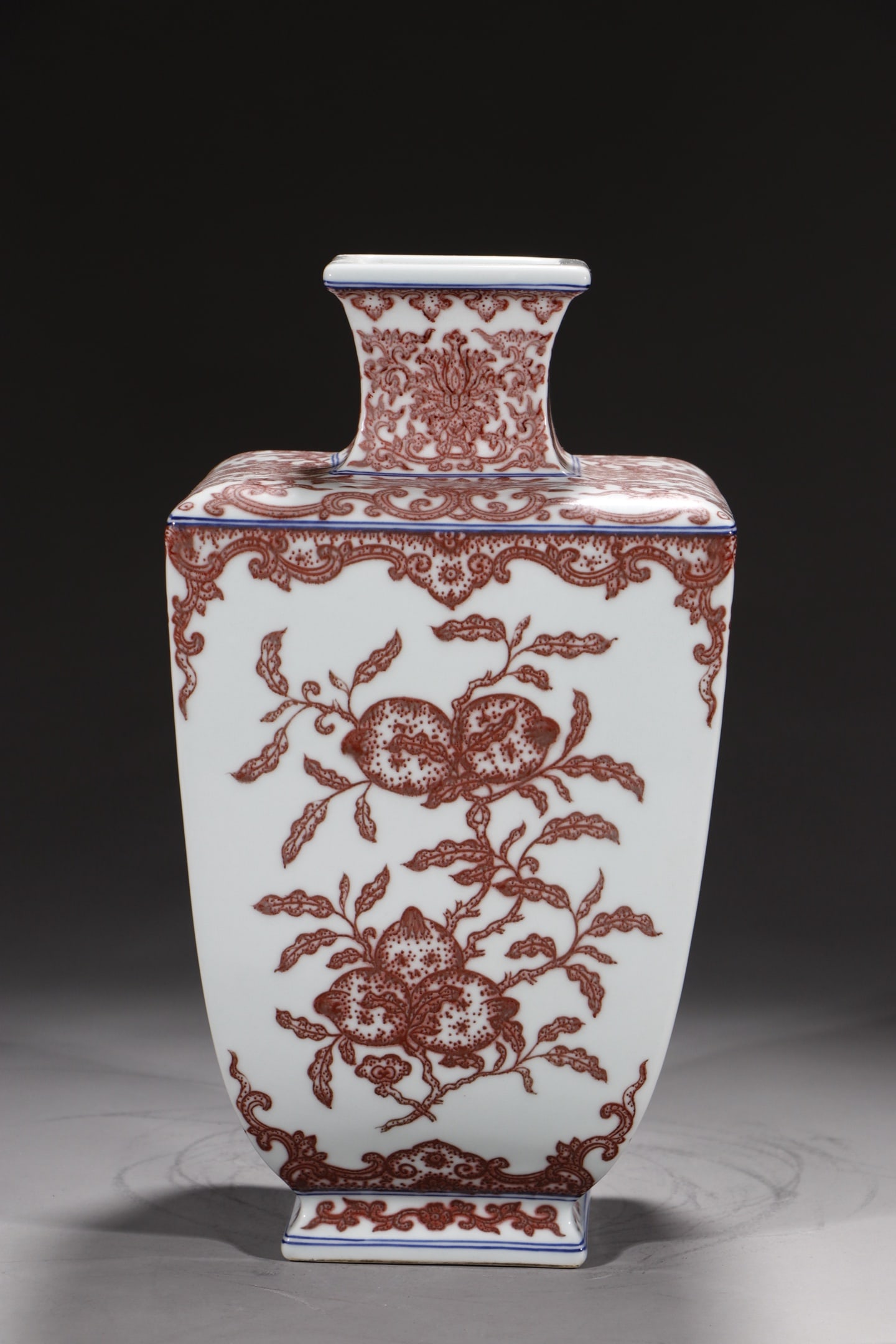 A Rare Underglaze-Red Flower and Fruit Pattern Vase: A Rare Underglaze-Red Flower and Fruit Pattern Vase,Qing Dynasty,China,Qianlong Six-character Mark,Size:12in 釉里红花果纹瓶,中国清代,&