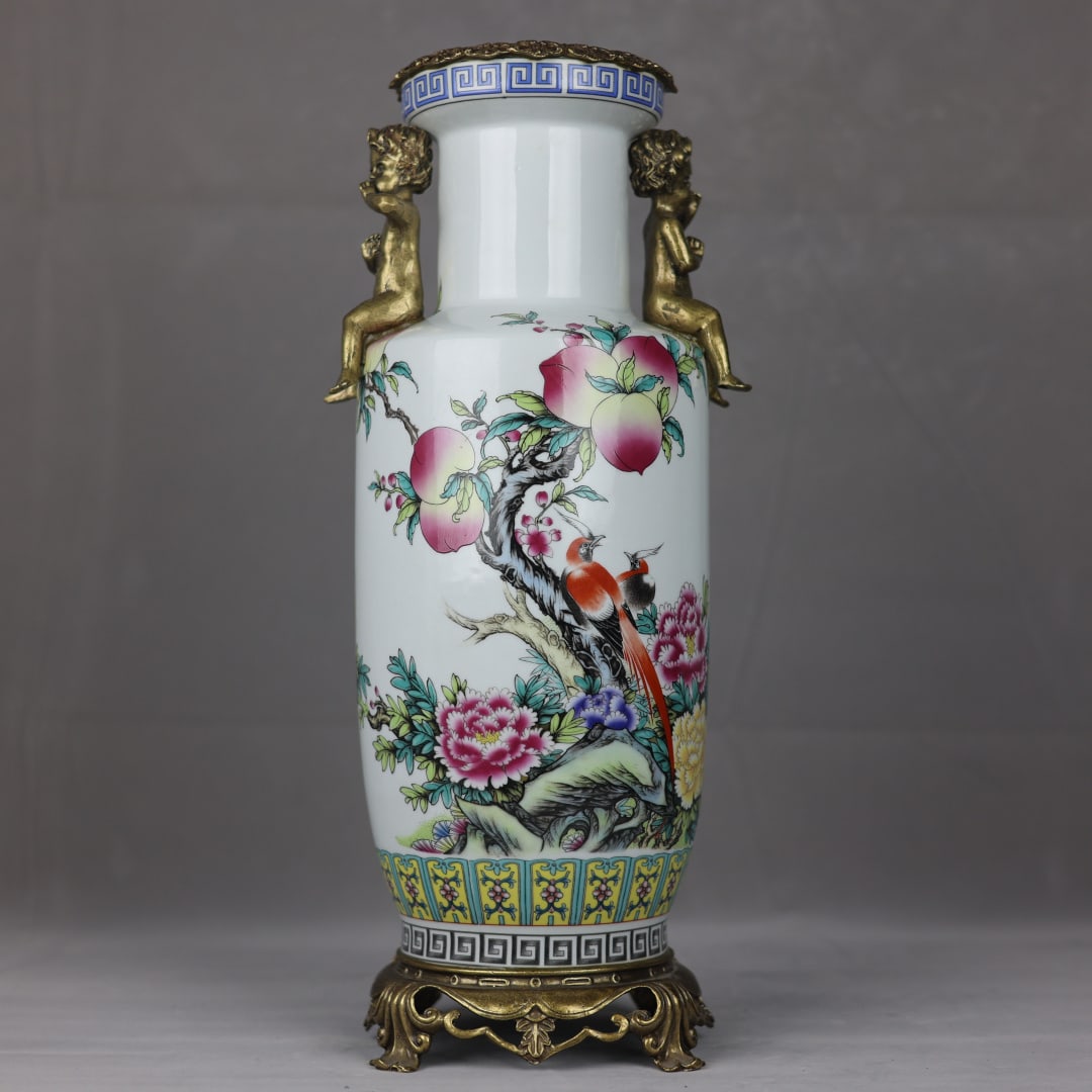 A Huge Famille-Rose Inlaid Bronze Flower and Bird Pattern Double-Ears Vase: A Huge Famille-Rose Inlaid Bronze Flower and Bird Pattern Double-Ears Vase,Qing Dynasty,China,Kangxi Six-character Mark,Size:19.3inx7.9in 粉彩镶铜花鸟纹ࡡ