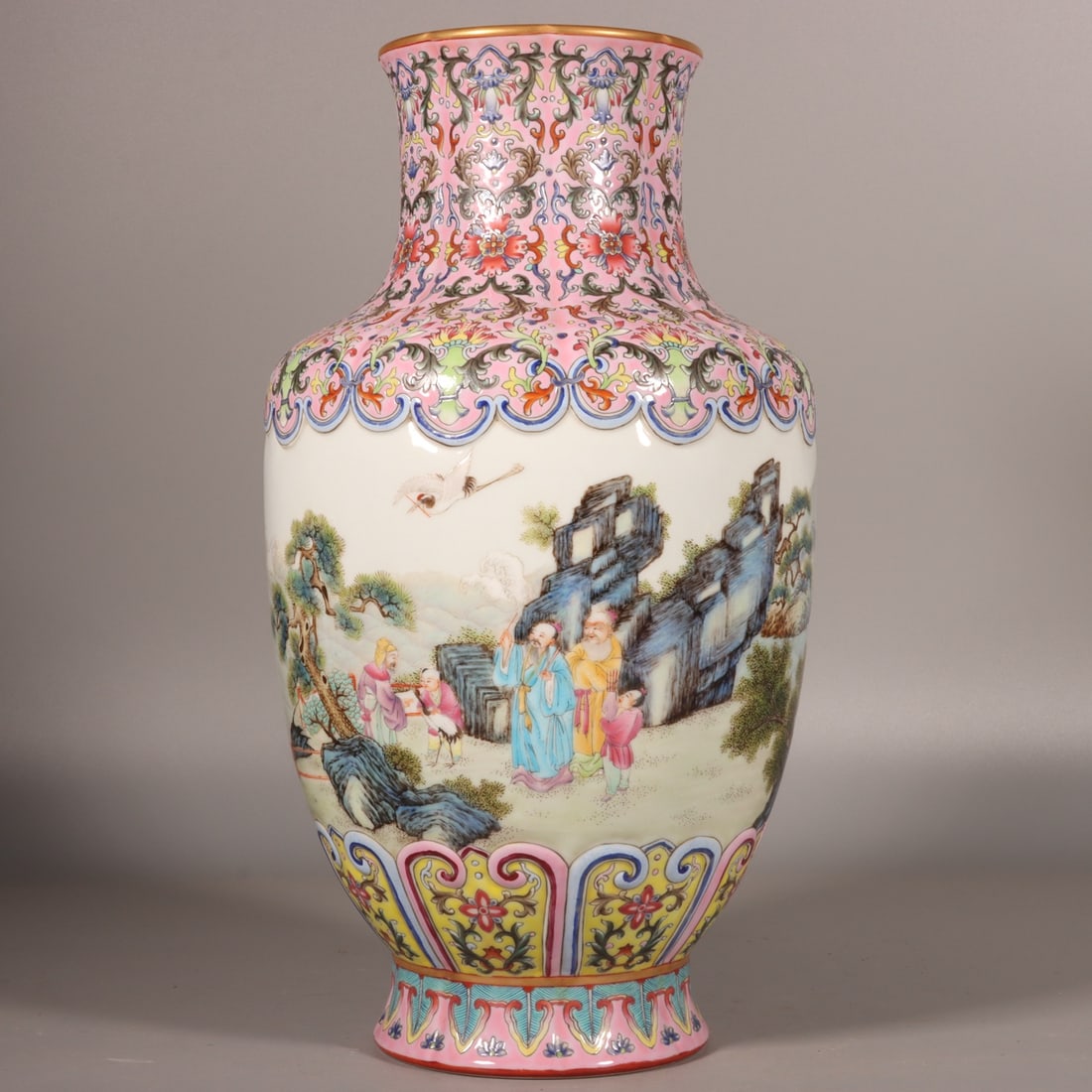 A Rare Enamel Character and Story Pattern Vase: A Rare Enamel Character and Story Pattern Vase,Qing Dynasty,China,Qianlong Six-character Mark,Size:12.6inx7.1in 珐琅彩人物故事纹瓶,中国