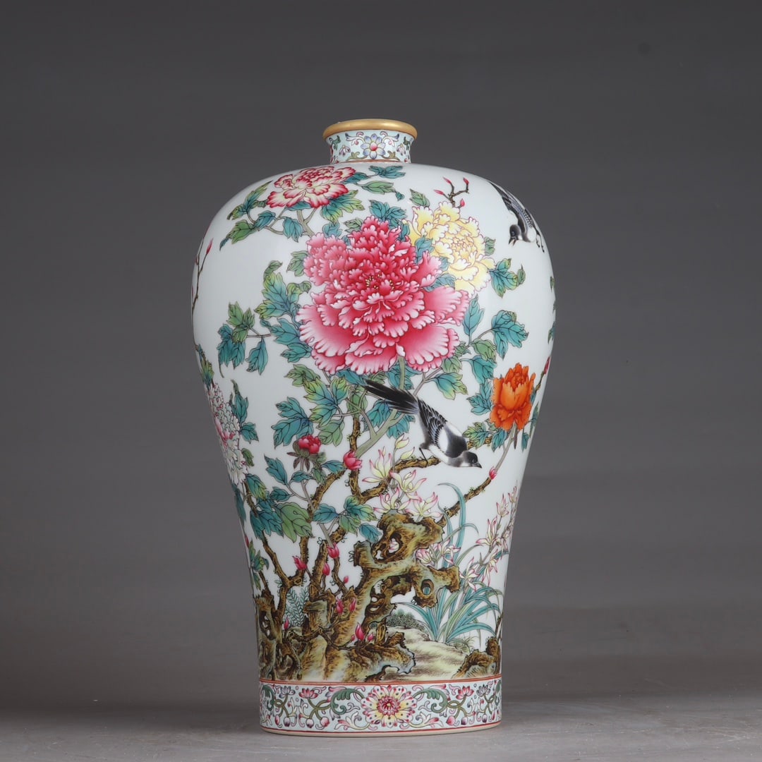 A Rare Famille-Rose Painted Gold Flower and Bird Pattern Vase,with poem: A Rare Famille-Rose Painted Gold Flower and Bird Pattern Vase,with poem,Qing Dynasty,China,Yongzheng Six-character Mark,Size:13inx7.9in 粉彩描金花鸟纹瓶