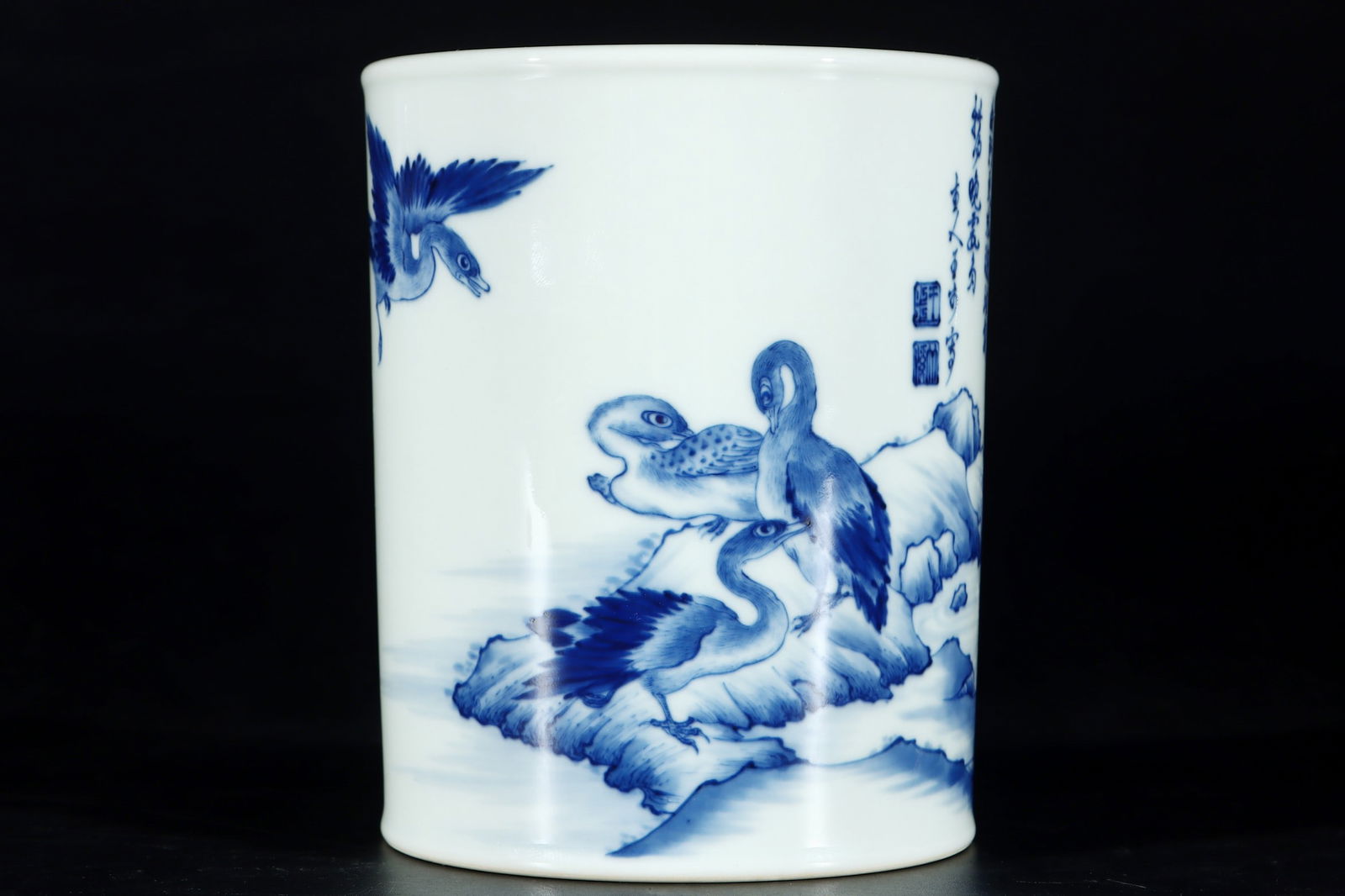 An Exquisite Blue and White Bird Pattern Brush Pot,with poem: An Exquisite Blue and White Bird Pattern Brush Pot,with poem,Modern Time of China,With Mark,Size:5.1inx4.3in 青花鸟纹笔筒,带诗文,中国&
