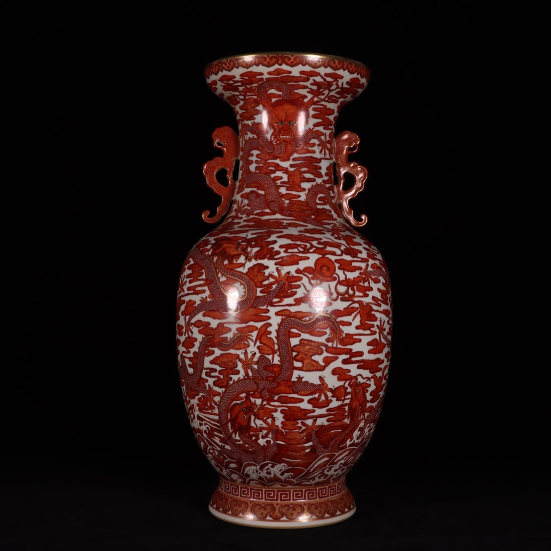 A Exquisite Iron-Red Painted Gold Dragon Pattern Double-Ears Vase: A Exquisite Iron-Red Painted Gold Dragon Pattern Double-Ears Vase,Qing Dynasty, China,Qianlong Six-character Mark,Size:19.1inx7.3inx4.7inx6.5in 