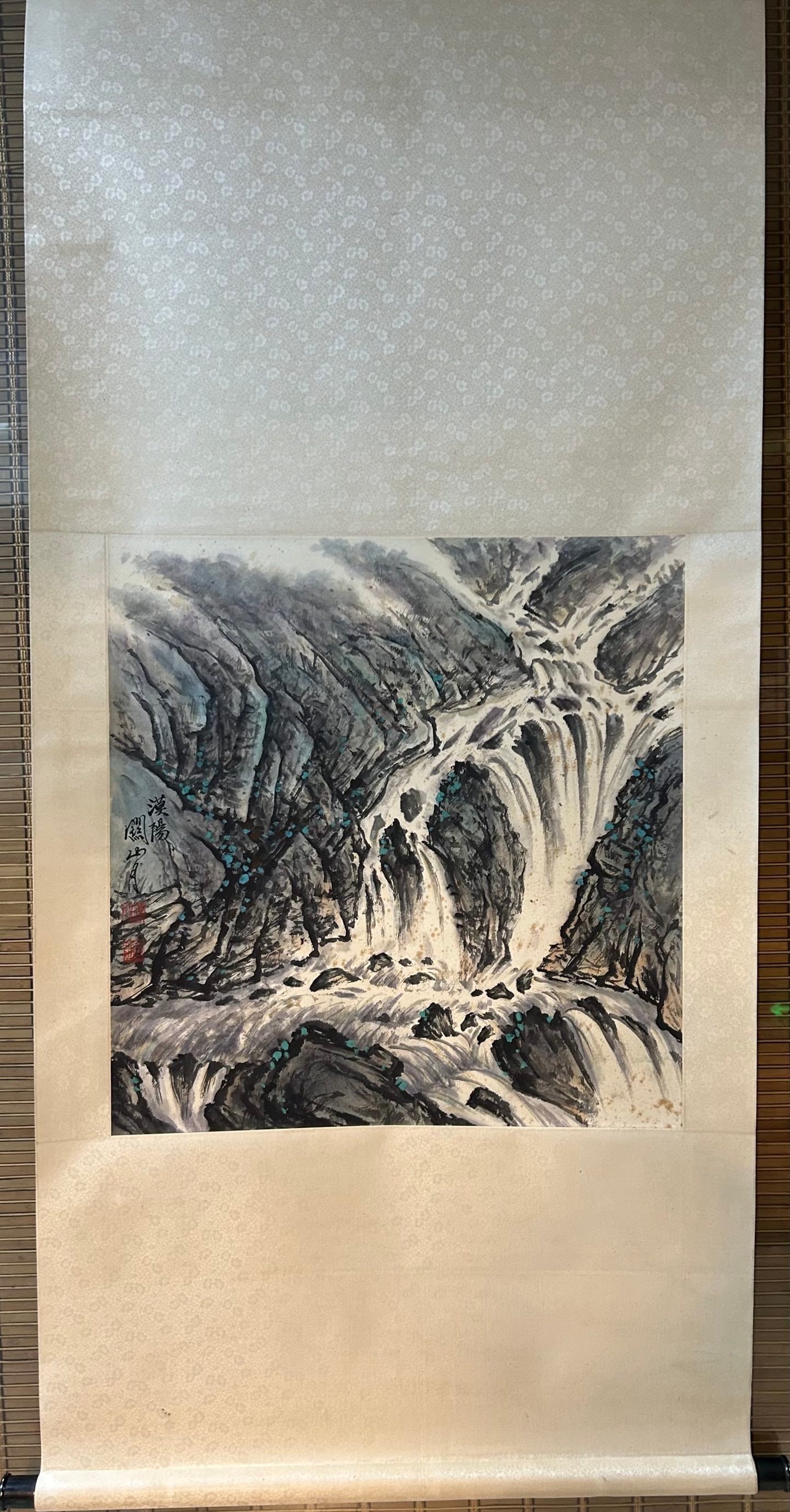 A Chinese Vertical Scroll Ink Painting of Landscape on Paper: A Chinese Vertical Scroll Ink Painting of Landscape on Paper,Modern Time of China,Guan Shanyue,without frame size:27.2inx27.2in 一幅中国水墨纸本山