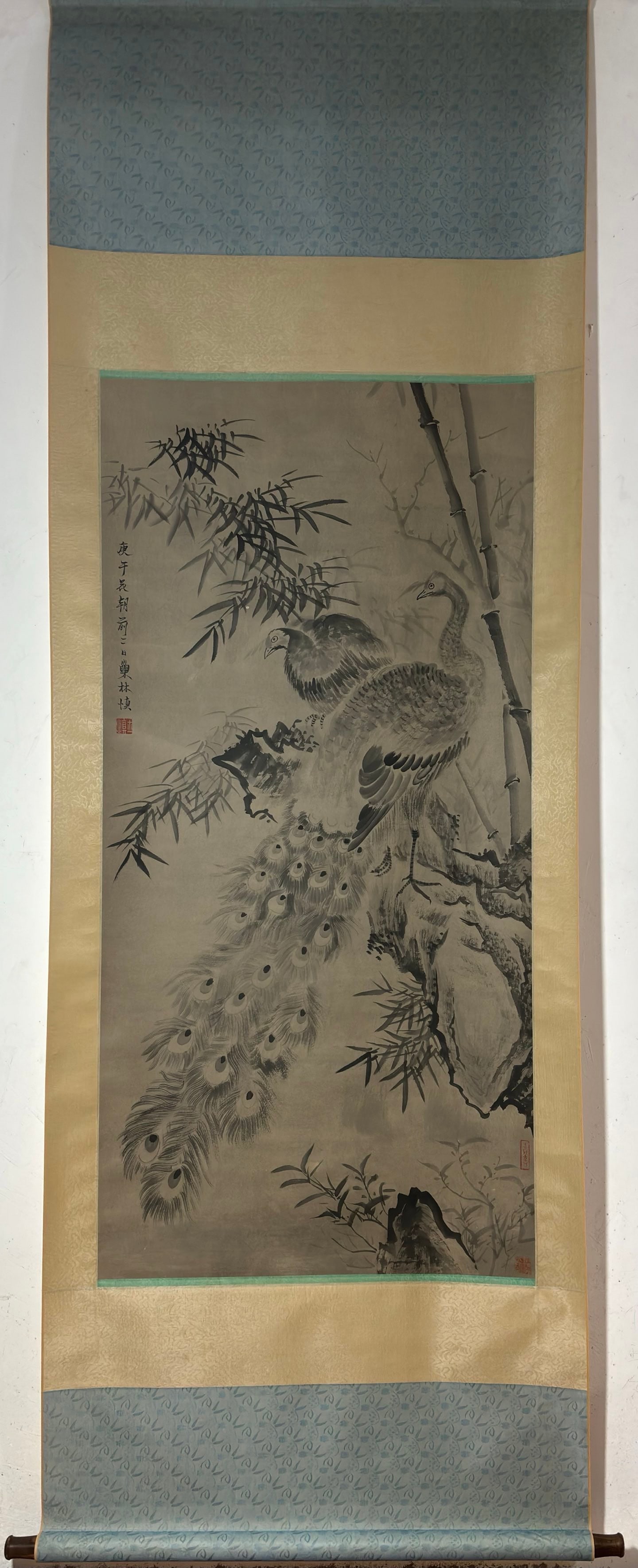 A Chinese Vertical Scroll Ink Painting of Flowers and Birds on Paper: A Chinese Vertical Scroll Ink Painting of Flowers and Birds on Paper,Qing Dynasty, China,Wang Shishen,without frame size:53inx25.6in 一幅中国水墨纸本