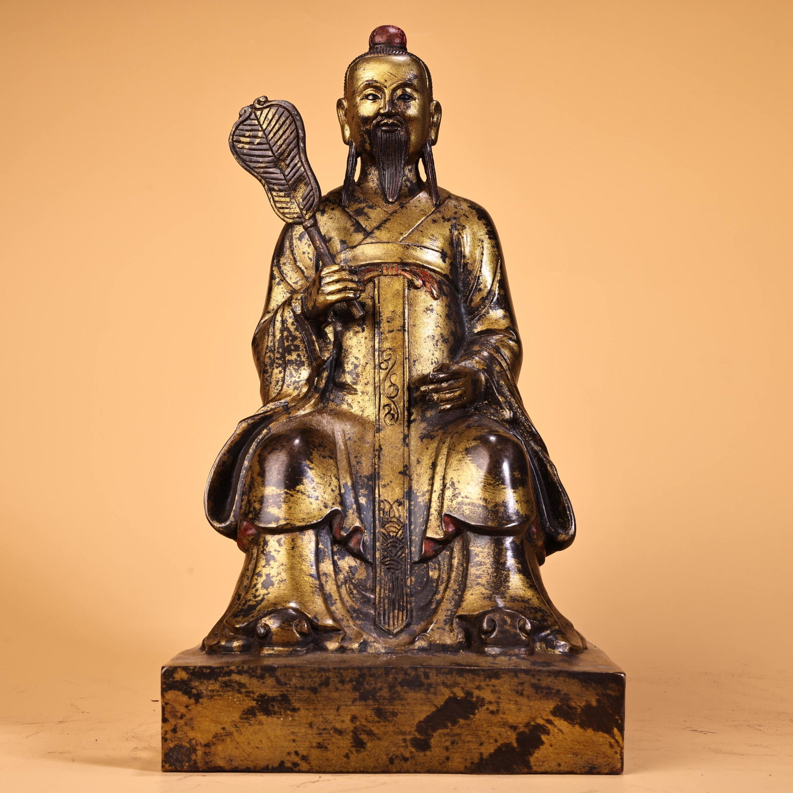 A Exquisite Bronze Gold Painted Buddha statue Ornament: A Exquisite Bronze Gold Painted Buddha statue Ornament,Ming Dynasty,China,Yongle Six-character Mark,Size:11.8inx6.3in,Weight:2700g 铜泥金佛像摆件,中