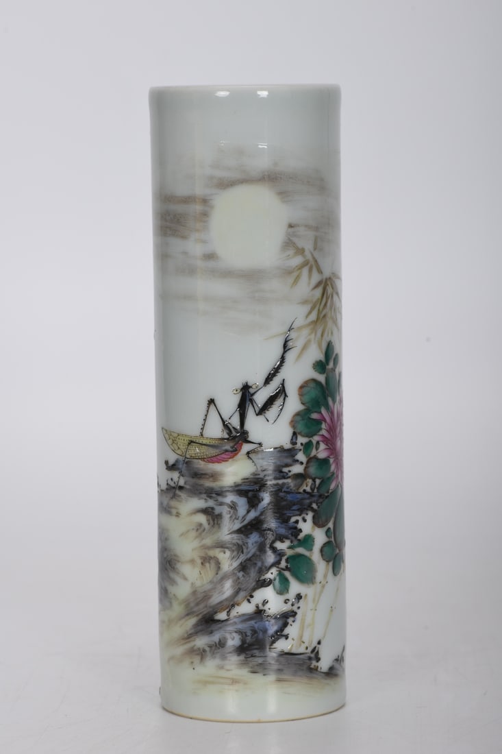 A Exquisite Famille-Rose Grasshopper pattern Brush Pot: A Exquisite Famille-Rose Grasshopper pattern Brush Pot,Qing Dynasty, China,Qianlong Six-character Mark,Size:6.4inx1.9inx1.9in 粉彩虫草纹笔筒,中国&