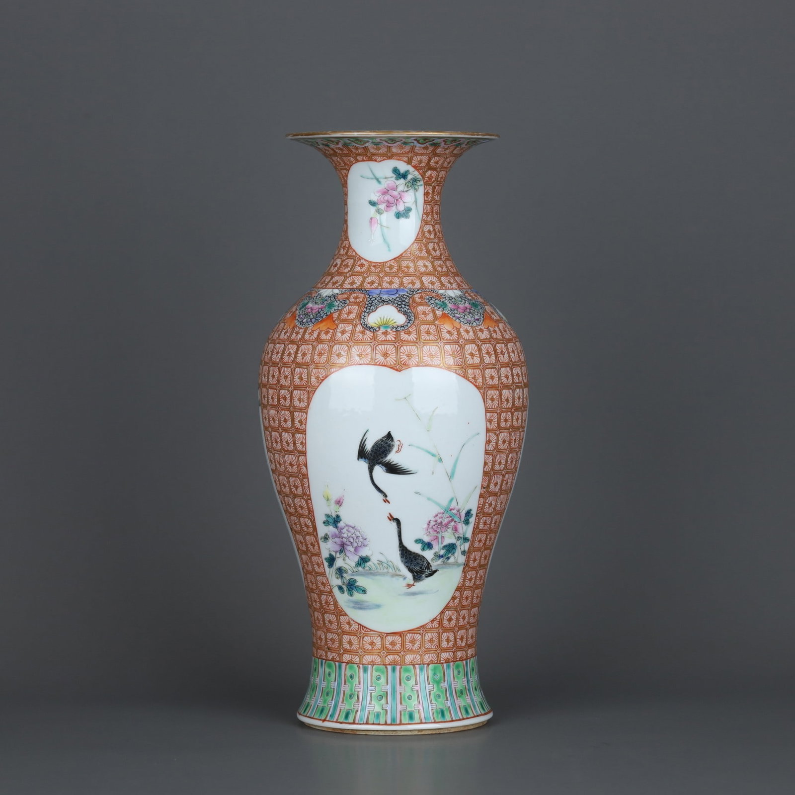 A Exquisite Iron-Red Painted Gold Famille-Rose Flower and Bird Pattern Vase: A Exquisite Iron-Red Painted Gold Famille-Rose Flower and Bird Pattern Vase,Qing Dynasty, China,Xuantong Six-character Mark,Size:10.6inx5.1in 矾红描金粉彩花&#