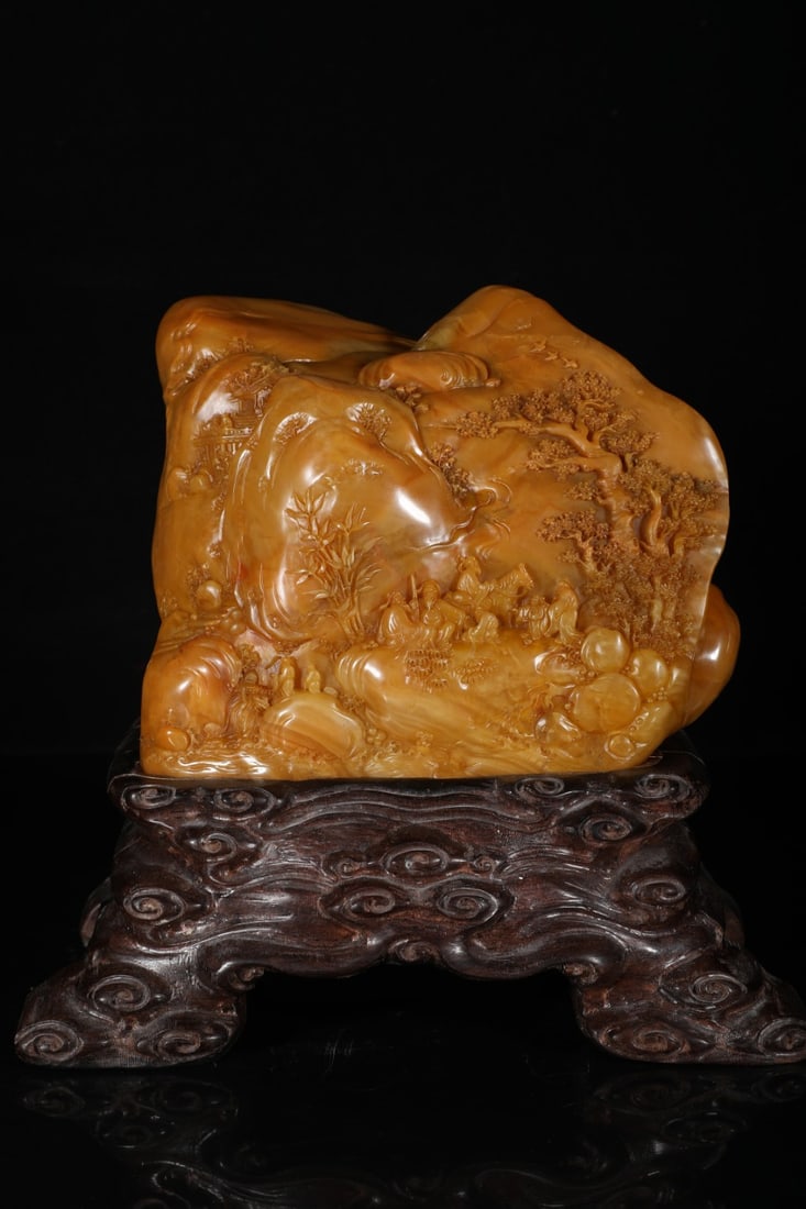 A Exquisite Tianhuang Stone Landscape Ornament: A Exquisite Tianhuang Stone Landscape Ornament,Qing Dynasty, China,Size:16xx4.3in,Weight:2401g 田黄石山水摆件,中国清代