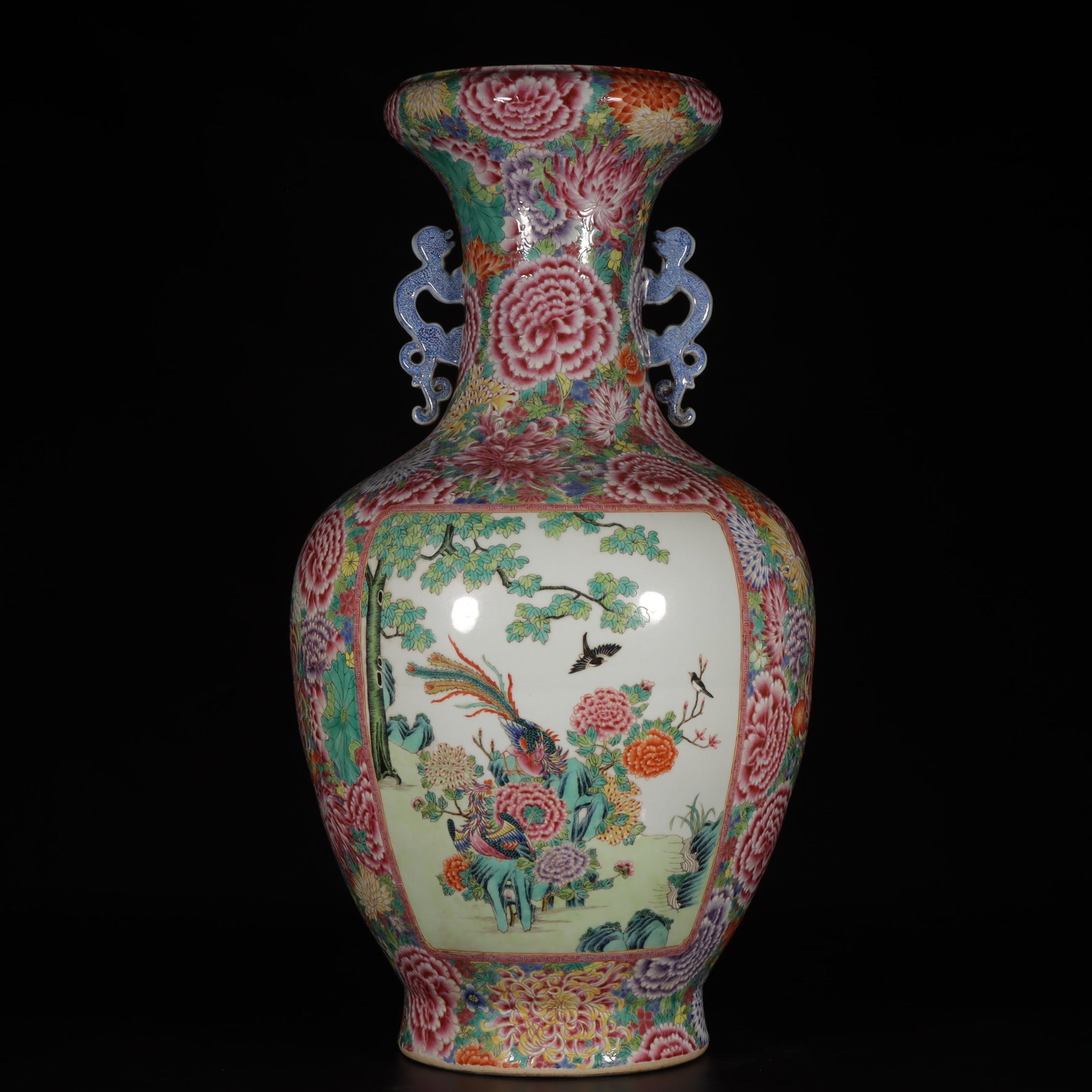 A Exquisite Famille-Rose Flower and Bird Pattern Double-Ears Vase: A Exquisite Famille-Rose Flower and Bird Pattern Double-Ears Vase,Qing Dynasty, China,Qianlong Six-character Mark,Size:25.4inx8inx8.2in 粉彩花鸟纹双耳瓶