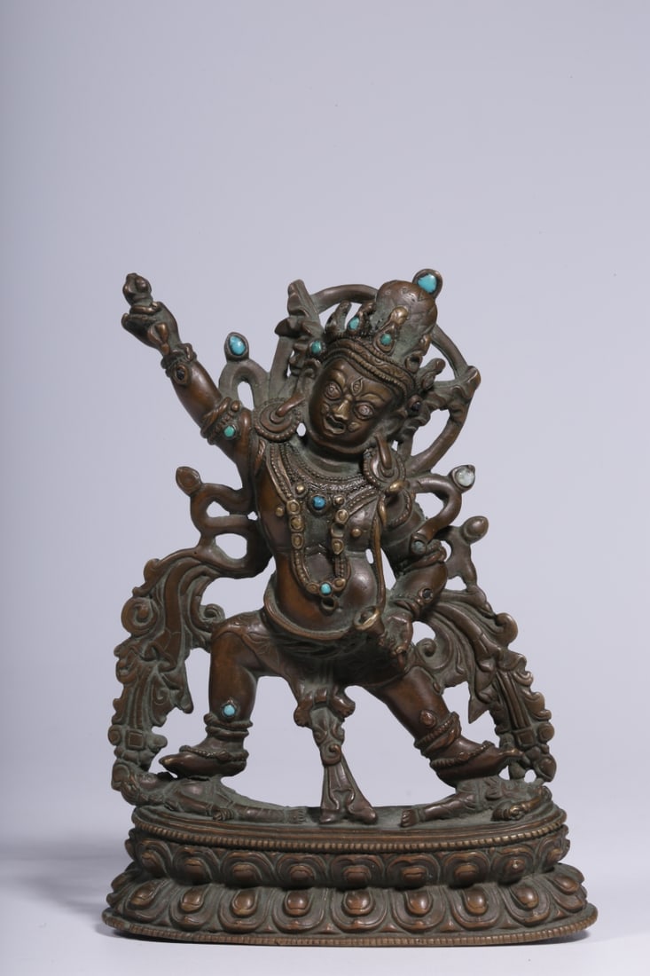 A Exquisite Gold Copper Inlaid Turquoise Bodhisattva Statue Ornament: A Exquisite Gold Copper Inlaid Turquoise Bodhisattva Statue Ornament,Qing Dynasty, China,Size:3.1inx1inx4.3in,Weight:319g 和金铜嵌绿松石菩萨ਇ