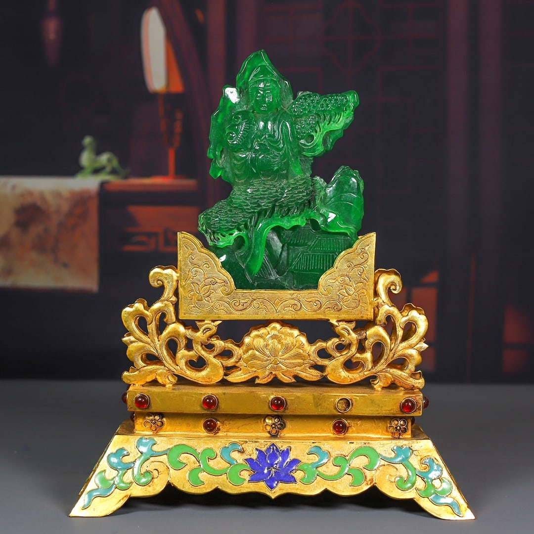 A Exquisite Bashan Jade Ruyi Statue of Avalokitesvara Ornament: A Exquisite Bashan Jade Ruyi Statue of Avalokitesvara Ornament,Qing Dynasty, China,Size:11.4inx9.4inx4.1in,Weight:1395g 巴山翠如意观音摆件,中