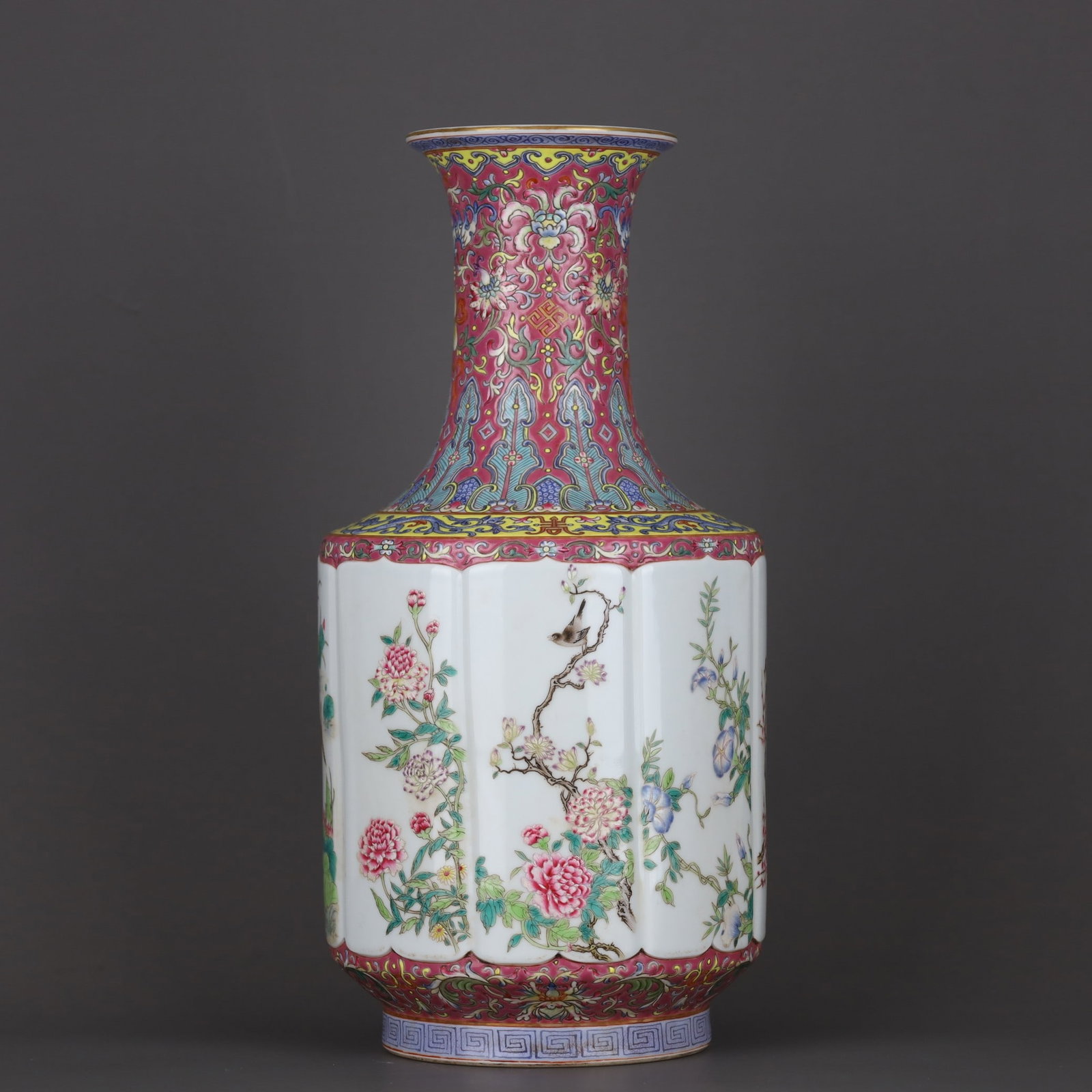 A Exquisite Ruby Red-Glazed Famille-Rose Flower and Bird Pattern Vase: A Exquisite Ruby Red-Glazed Famille-Rose Flower and Bird Pattern Vase,Qing Dynasty, China,Qianlong Six-character Mark,Size:13.2inx6.6in 胭脂红地粉彩花鸟