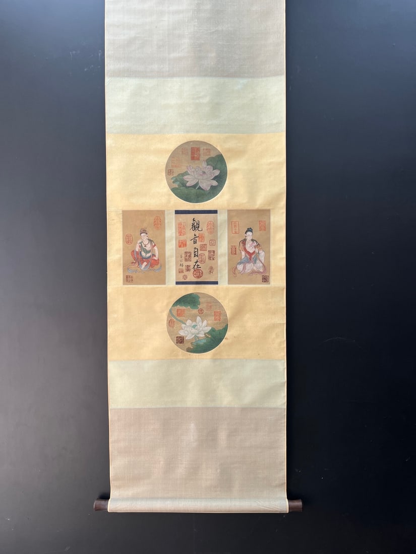 A Chinese Vertical Scroll Ink Painting of Avalokitesvara on Silk: A Chinese Vertical Scroll Ink Painting of Avalokitesvara on Silk,Song Dynasty, China,Li Gonglin,without frame size:21.7inx27.6in 一幅中国水墨绢本观