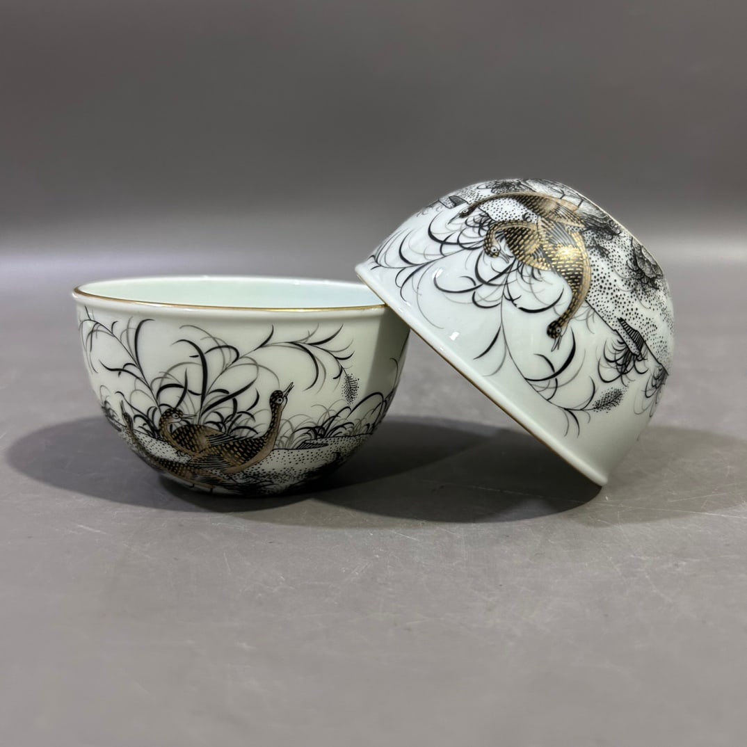 A pair of Exquisite Ink Color Flower and Bird Pattern Cup: A pair of Exquisite Ink Color Flower and Bird Pattern Cup,Qing Dynasty, China,Yongzheng Six-character Mark,Size:3.3inx2in 
