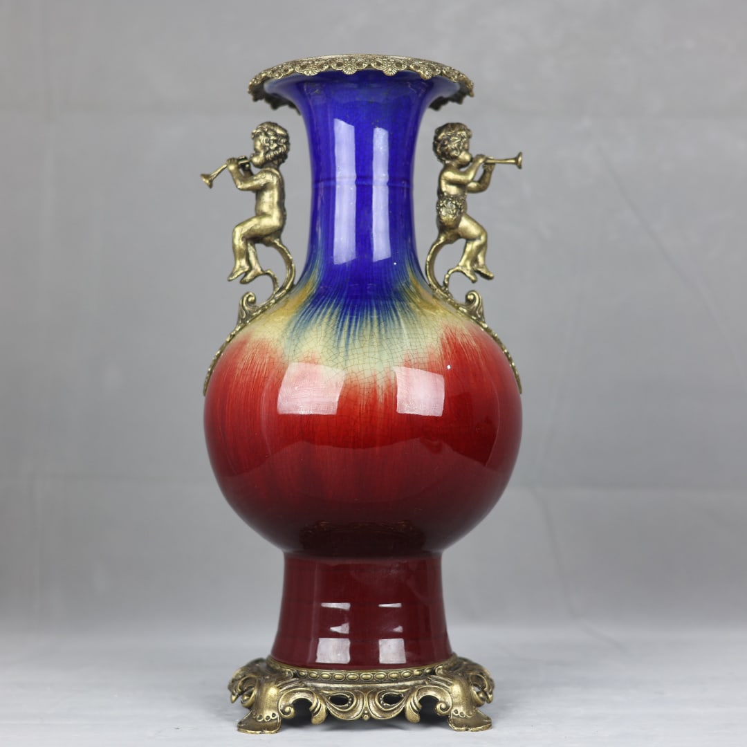 A Exquisite Flambe Glaze Copper Inlay Double-Ears Vase: A Exquisite Flambe Glaze Copper Inlay Double-Ears Vase,Qing Dynasty, China ,Qianlong Six-character Mark,Size:16.9inx5.9inx8.5inx6.7in 窑变釉镶铜双耳瓶,&