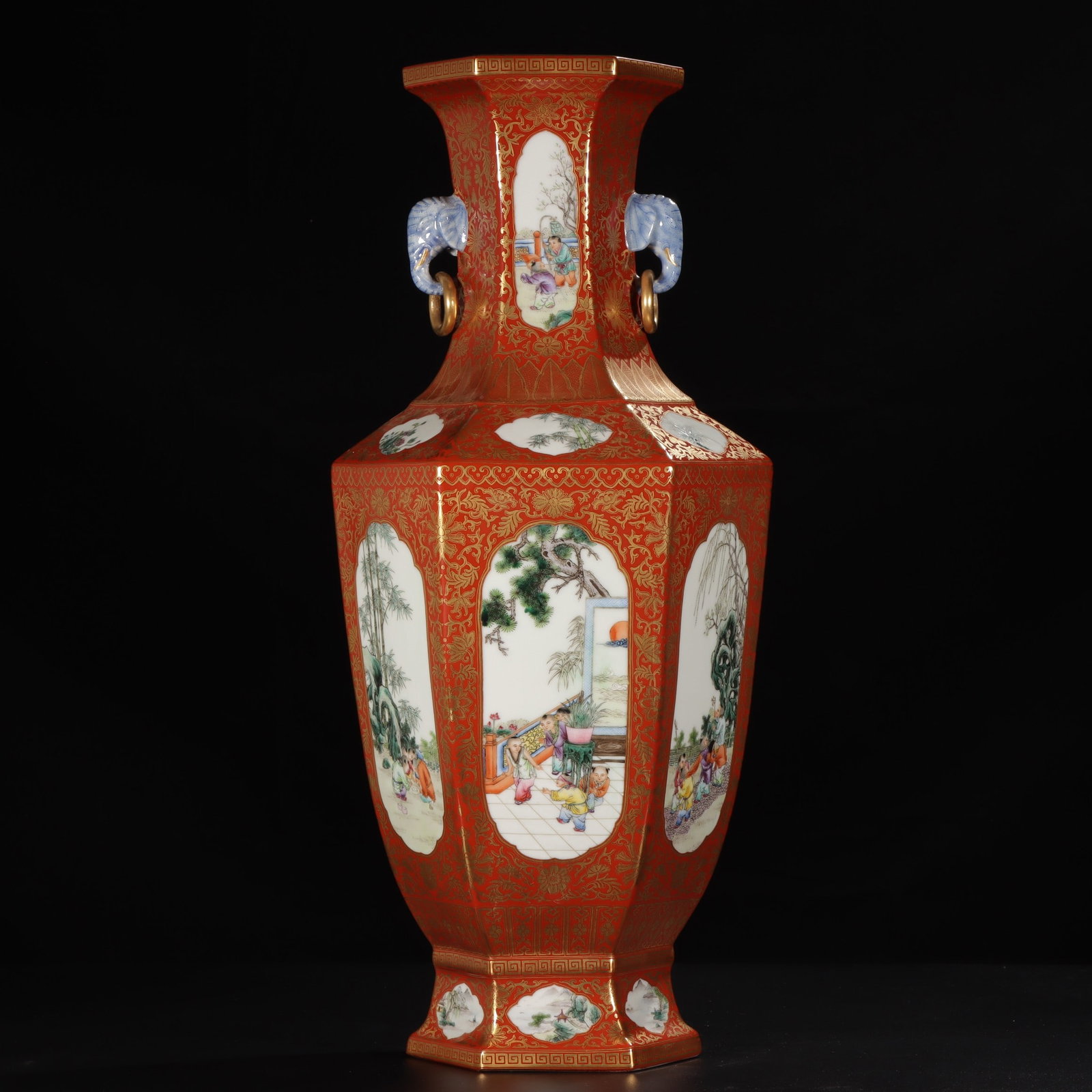 A Exquisite Famille-Rose Iron-Red Painted Gold Figures Pattern Elephant-Ears Vase: A Exquisite Famille-Rose Iron-Red Painted Gold Figures Pattern Elephant-Ears Vase,Qing Dynasty, China,Qianlong Six-character Mark,Size:22.4inx6.2inx6.6in 粉彩矾红描ດ