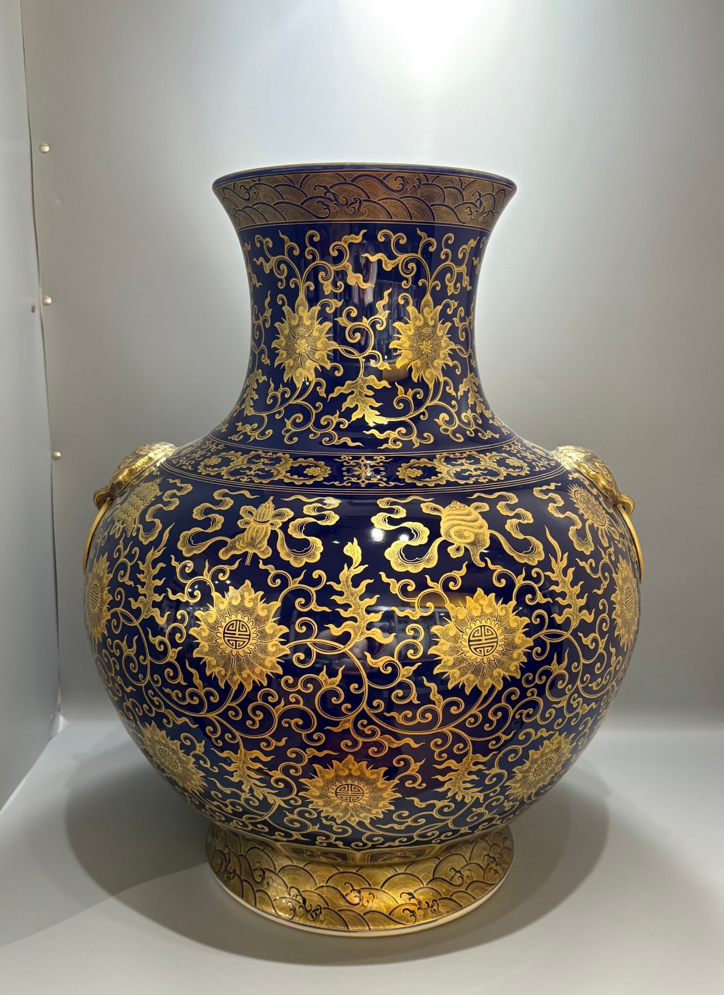 A Exquisite Famille-Rose Ji Blue Glazed Painted Gold Eight Treasures Lotus Pattern Lion-Ears: A Exquisite Famille-Rose Ji Blue Glazed Painted Gold Eight Treasures Lotus Pattern Lion-Ears Double-Ears Vase,Qing Dynasty, China,Qianlong Six-character Mark,Size:23.6inx19.7in 粉彩霁