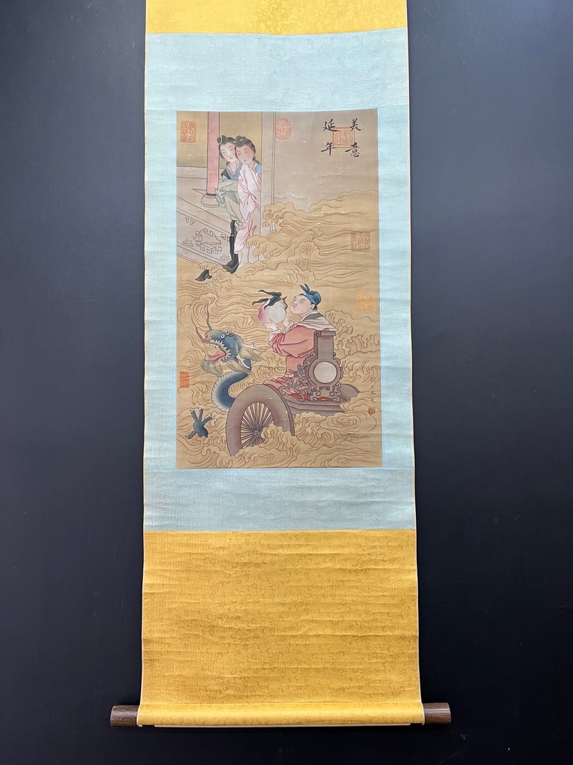 A Chinese Vertical Scroll Ink Painting of Figures on Silk: A Chinese Vertical Scroll Ink Painting of Figures on Silk,Tang Dynasty, China,Yan Liben,without frame size:14.6inx25.6in 一幅中国水墨绢本人物