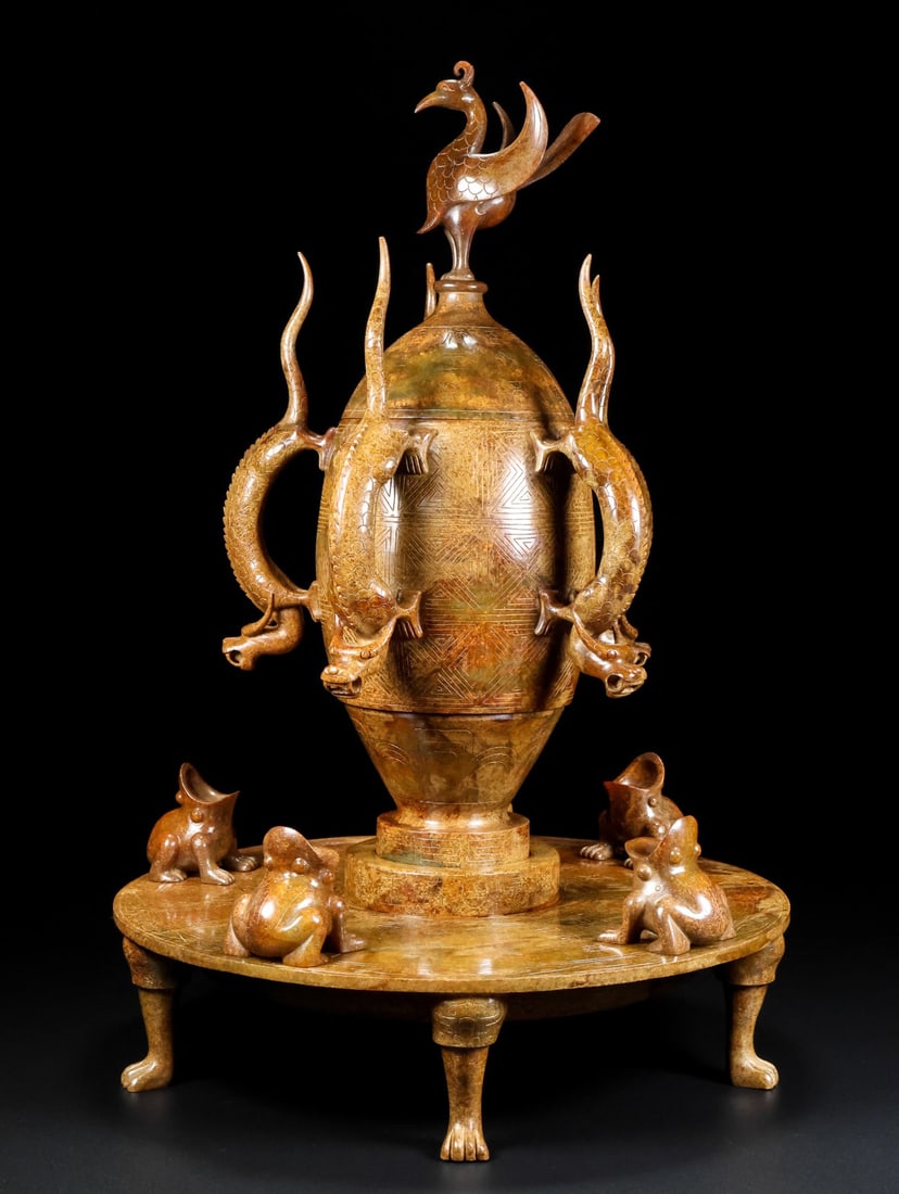 A Exquisite Hotan Jade Dragon Phoenix Ornament: A Exquisite Hotan Jade Dragon Phoenix Ornament,Han Dynasty, China,Size:11inx11inx16.9in,Weight:6500g 和田玉龙凤摆件,中国汉代