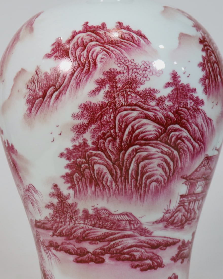 A Exquisite Ruby Red-Glazed Landscape Pattern Vase - 7