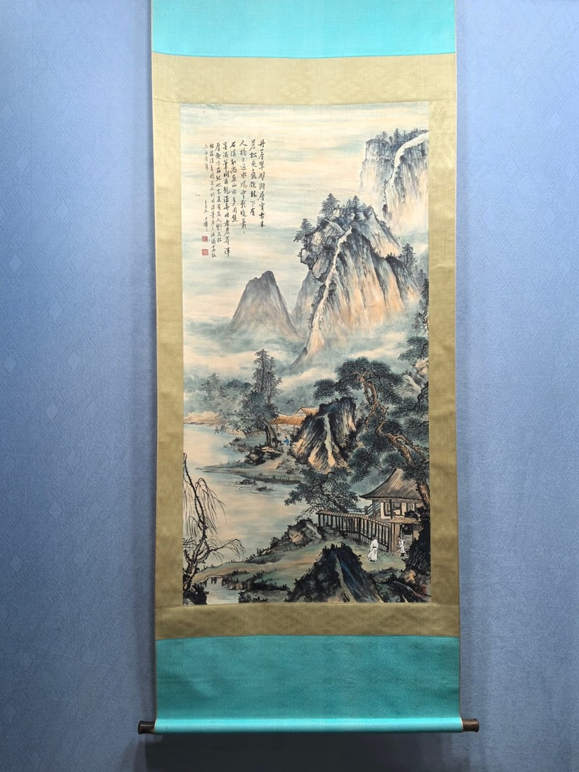 A Chinese Vertical Scroll Ink Painting of Landscape on Paper: A Chinese Vertical Scroll Ink Painting of Landscape on Paper,Republic of China,Huang Junbi,without frame size:26.6inx53.5in 一幅中国水墨纸本山