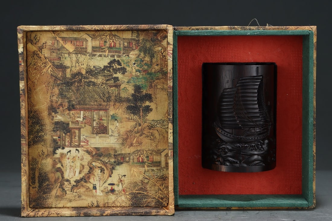 An Exquisite Eaglewood Sailboat Pattern Brush Pot: An Exquisite Eaglewood Sailboat Pattern Brush Pot Qing Dynasty, China Size:5.8inx4.2in沉香木一帆风顺笔筒 中国清代 Size:14.
