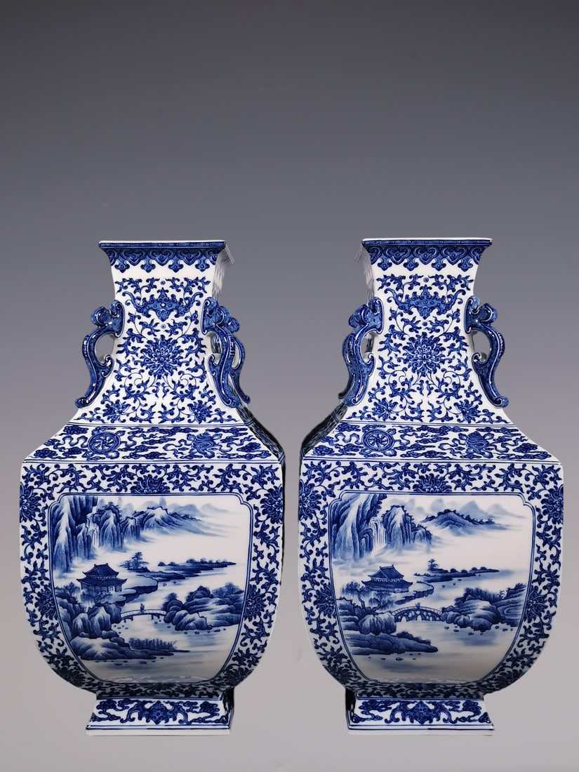 An Exquisite Blue and White Lotus Pattern Landscape Pattern Eight Treasures Pattern Double-Ears Vase: An Exquisite Blue and White Lotus Pattern Landscape Pattern Eight Treasures Pattern Double-Ears Vase Qing Dynasty, China Qianlong Six-character Mark Size:18.9inx9.2in青花缠枝&#