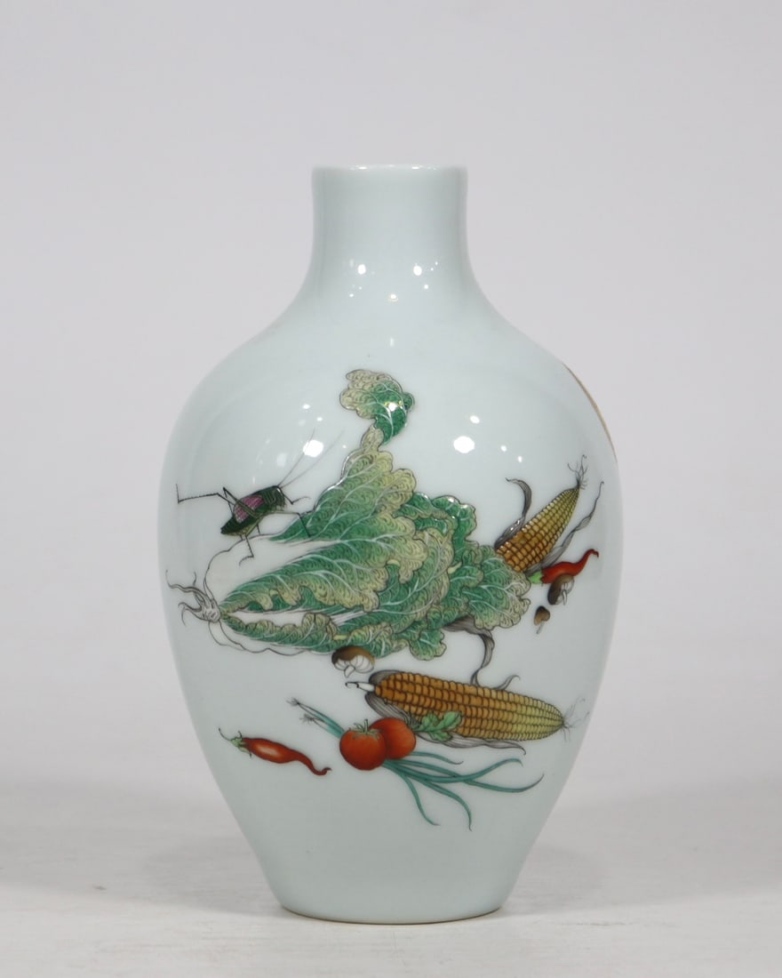An Exquisite Enamel Insect Pattern with poem Vase: An Exquisite Enamel Insect Pattern with poem Vase Qing Dynasty, China Yongzheng Four-character Mark Size:6.5inx3.7in珐琅彩白菜诗文萝卜瓶 