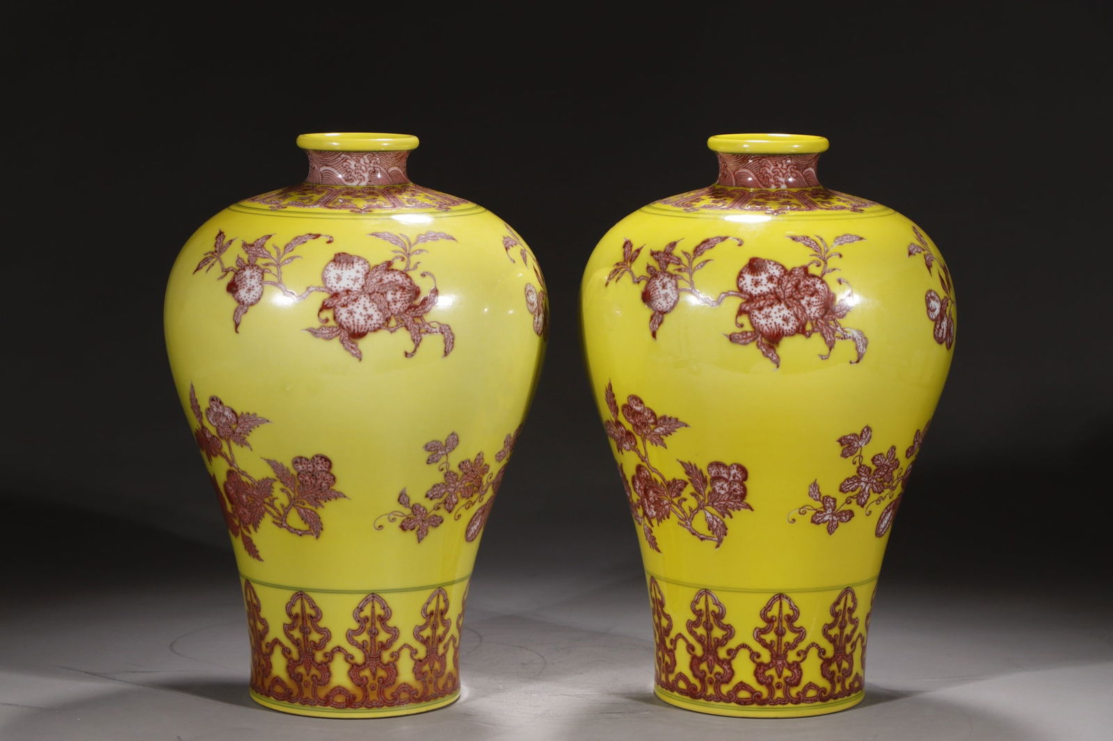 An Exquisite Underglaze-Red Flower and Fruit Pattern Vase: An Exquisite Underglaze-Red Flower and Fruit Pattern Vase Qing Dynasty, China Qianlong Six-character Mark Size:12.8in黄地釉里红花果梅瓶 中&#