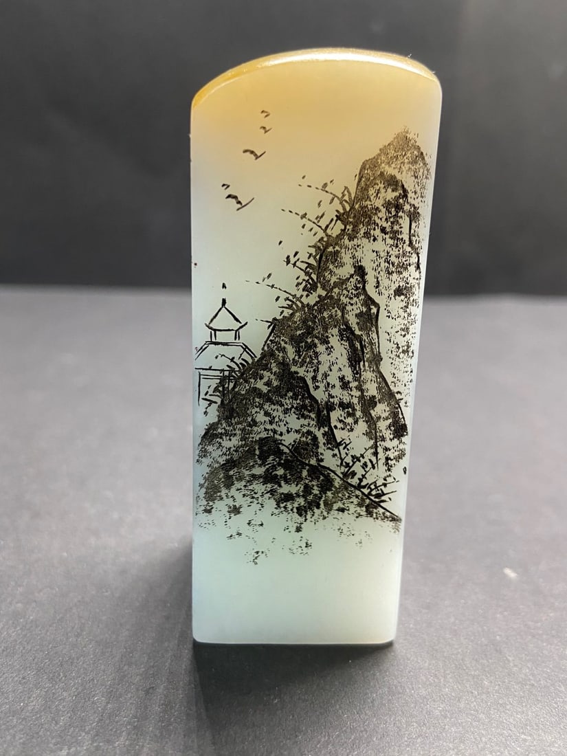 An Exquisite White Jade Landscape Pattern Seal - 2