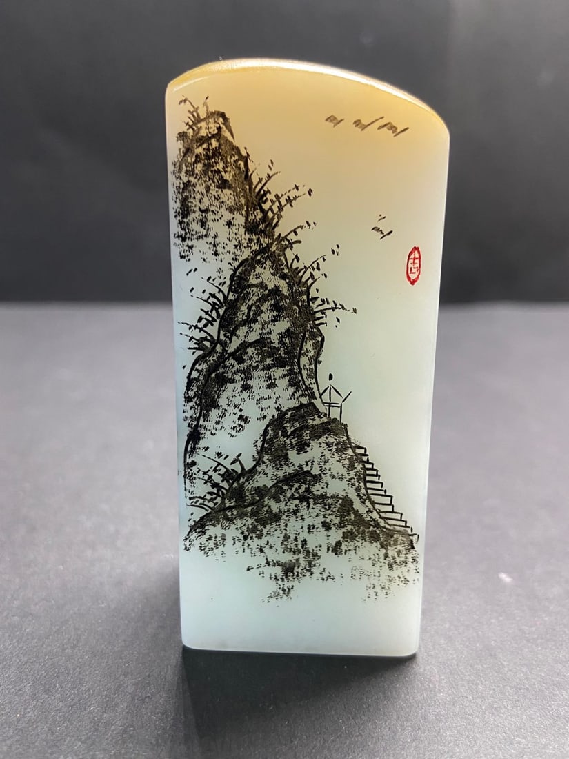An Exquisite White Jade Landscape Pattern Seal - 3