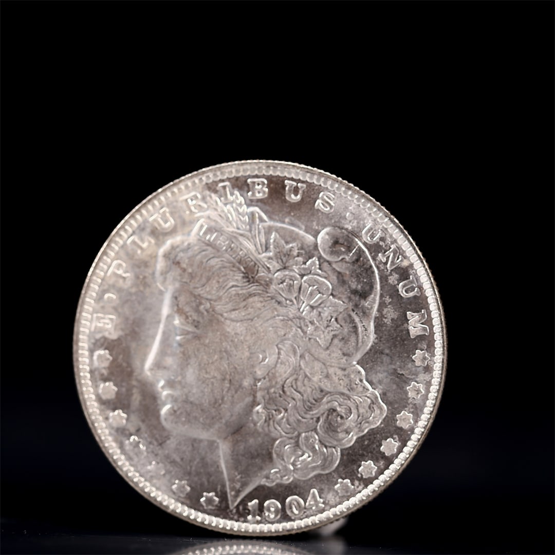 USA Morgan Dollar 1904 Coin: Obv: profile bust with date below and E PLURIBUS UNUM legend and stars around. Rev: eagle with In God we trust above within wreath with UNITED STATES OF AMERICA ONE DOLLAR legend. IN GOD WE TRUST / LI