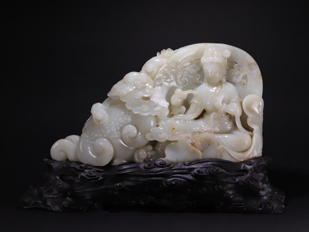 An Exquisite White Jade Statue of Avalokitesvara Ornament: An Exquisite White Jade Statue of Avalokitesvara Ornament Qing Dynasty, China Size:18.5inx10.6inx3.9in白玉童子拜观音大摆件 中国&