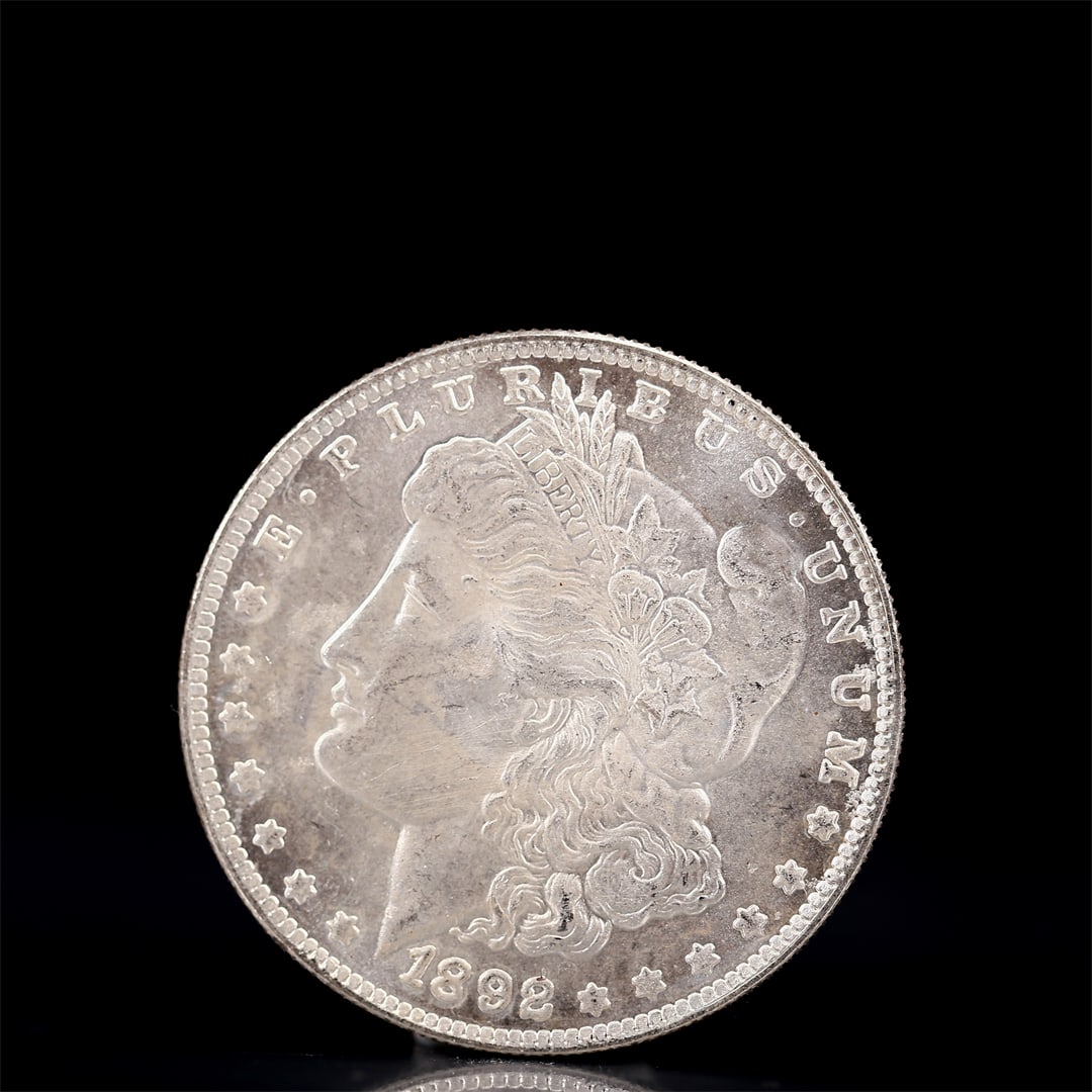 USA Morgan Dollar 1892 Coin: Obv: profile bust with date below and E PLURIBUS UNUM legend and stars around. Rev: eagle with In God we trust above within wreath with UNITED STATES OF AMERICA ONE DOLLAR legend. IN GOD WE TRUST / LI