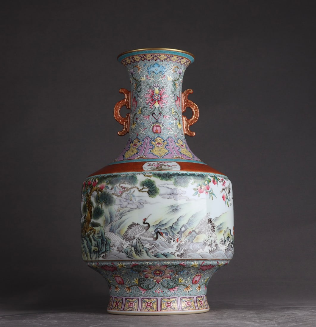 A Rare Enamel Pine and Crane Pattern Double-Ears Vase,with poem: A Rare Enamel Pine and Crane Pattern Double-Ears Vase,with poem,Qing Dynasty,China,Qianlong Six-character Mark,Size:14.5inx8.7in 