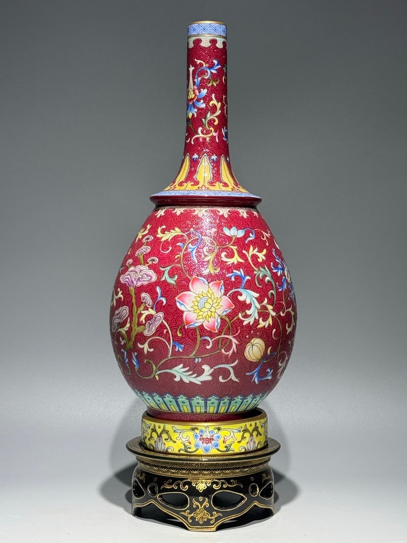A Rare Ruby Red-Glazed Enamel Lotus Pattern Vase (1 of 9)
