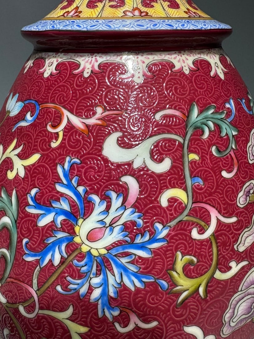 A Rare Ruby Red-Glazed Enamel Lotus Pattern Vase - 7