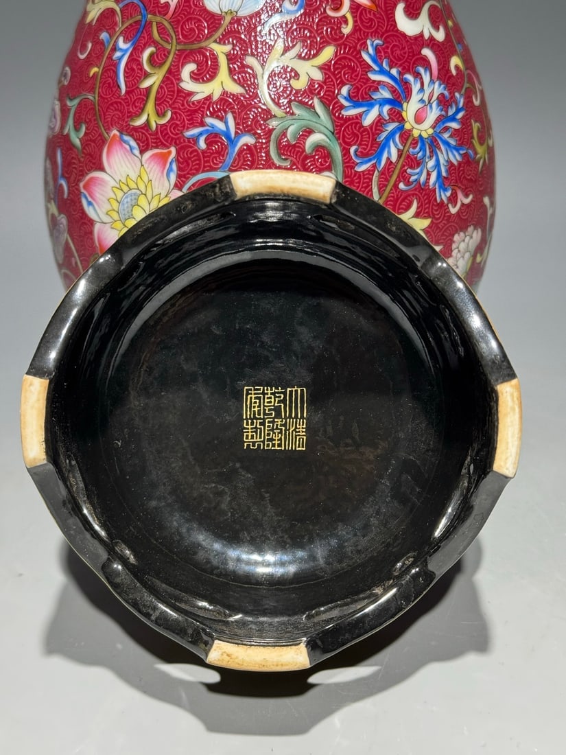 A Rare Ruby Red-Glazed Enamel Lotus Pattern Vase - 8