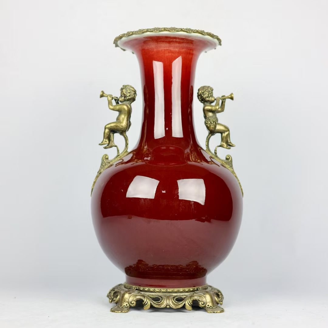 A Huge Red Glazed Inlaid Bronze Double-Ears Vase: A Huge Red Glazed Inlaid Bronze Double-Ears Vase,Qing Dynasty,China,Qianlong Six-character Mark,Size:17.9inx9.4in 
