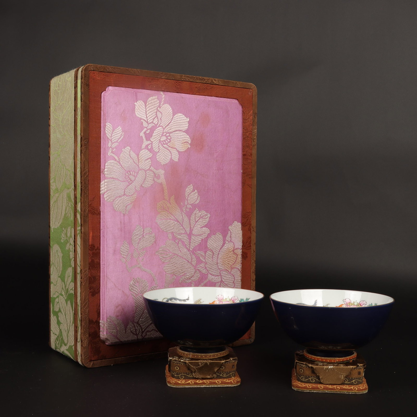 A Pair of Exquisite Famille-Rose Sapphire Blue Glazed Flower and Phoenix Pattern Bowls (1 of 9)