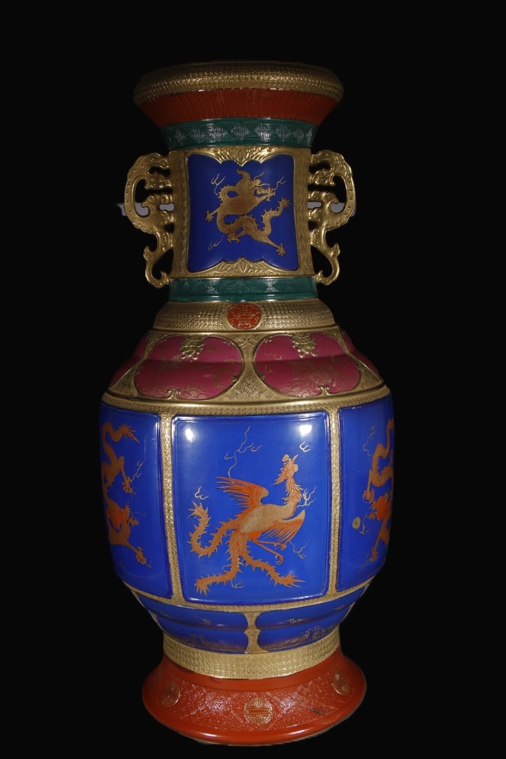 A Huge Ji Blue Glazed Painted Gold Dragon and Phoenix Pattern Double-Ears Vase: A Huge Ji Blue Glazed Painted Gold Dragon and Phoenix Pattern Double-Ears Vase,Qing Dynasty,China,Qianlong Six-character Mark,Size:35inx11.8in 霁蓝釉描金龙凤&