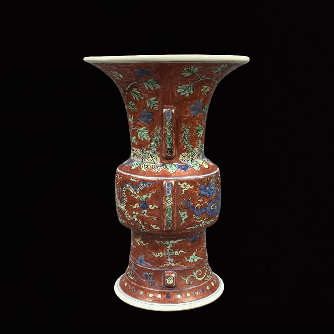 An Exquisite Red Ground Blue and White Auspicious Cloud and Dragon Pattern Vase: An Exquisite Red Ground Blue and White Auspicious Cloud and Dragon Pattern Vase,Ming Dynasty,China,Wanli Six-character Mark,Size:11inx7.5in 红地青花祥云龙 