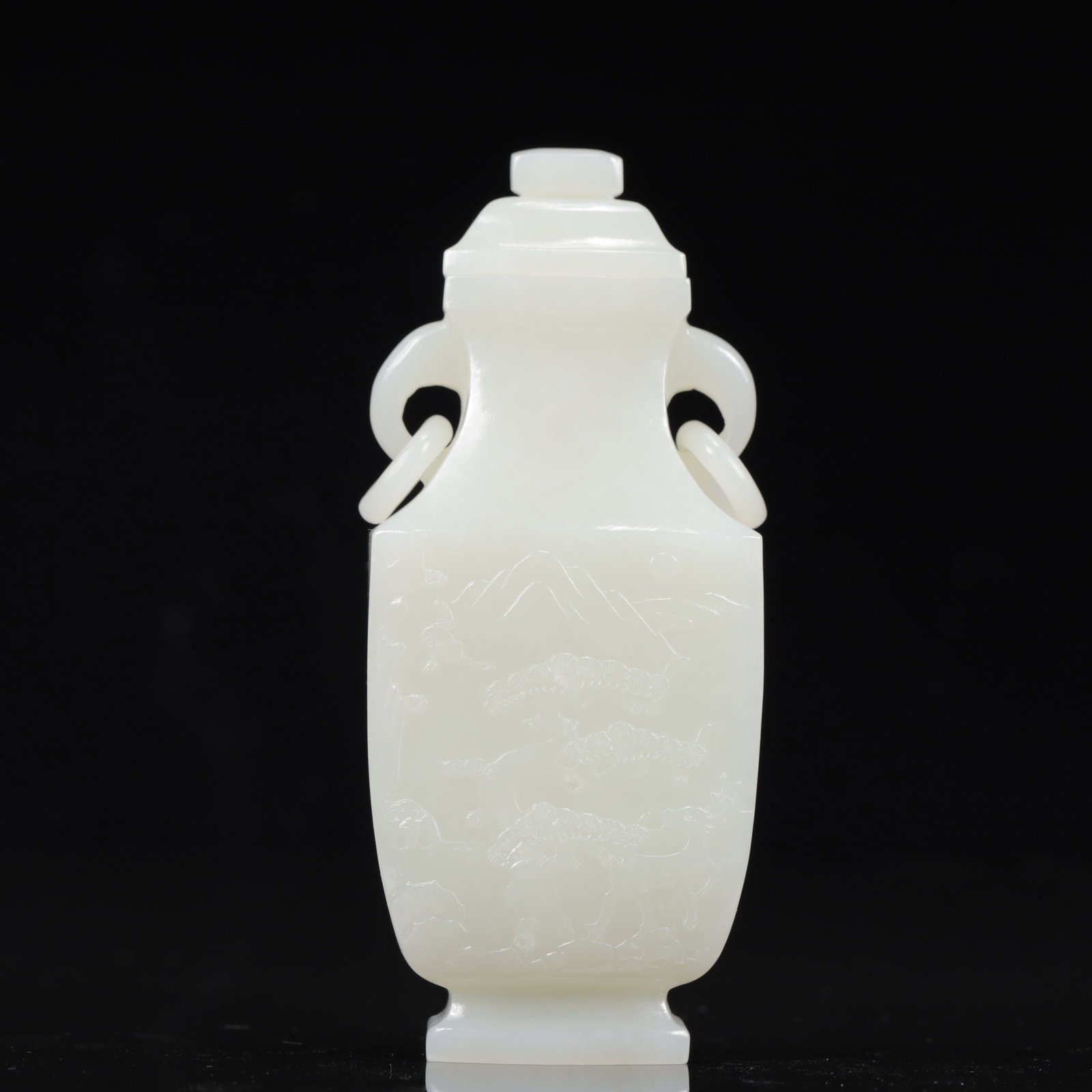 An Exquisite White Jade Landscape Pattern Double-Ears Bottle: An Exquisite White Jade Landscape Pattern Double-Ears Bottle,Qing Dynasty, China,Size:2inx1.6inx4.7in,Weight:260g 