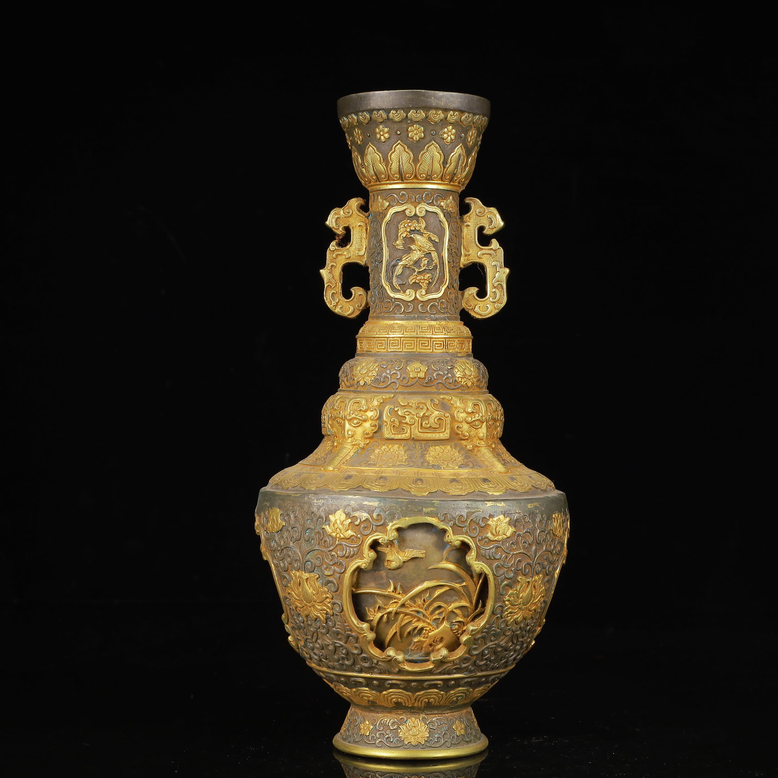 An Exquisite Silver-Gilt Bronze Plum Blossom,Orchid,Bamboo and Chrysanthemum Pattern Dragon-Ears: An Exquisite Silver-Gilt Bronze Plum Blossom,Orchid,Bamboo and Chrysanthemum Pattern Dragon-Ears Vase,Tang Dynasty,China,Zhenguan Four-Character Mark,Size:4.7inx9.8in,Weight:1550g 