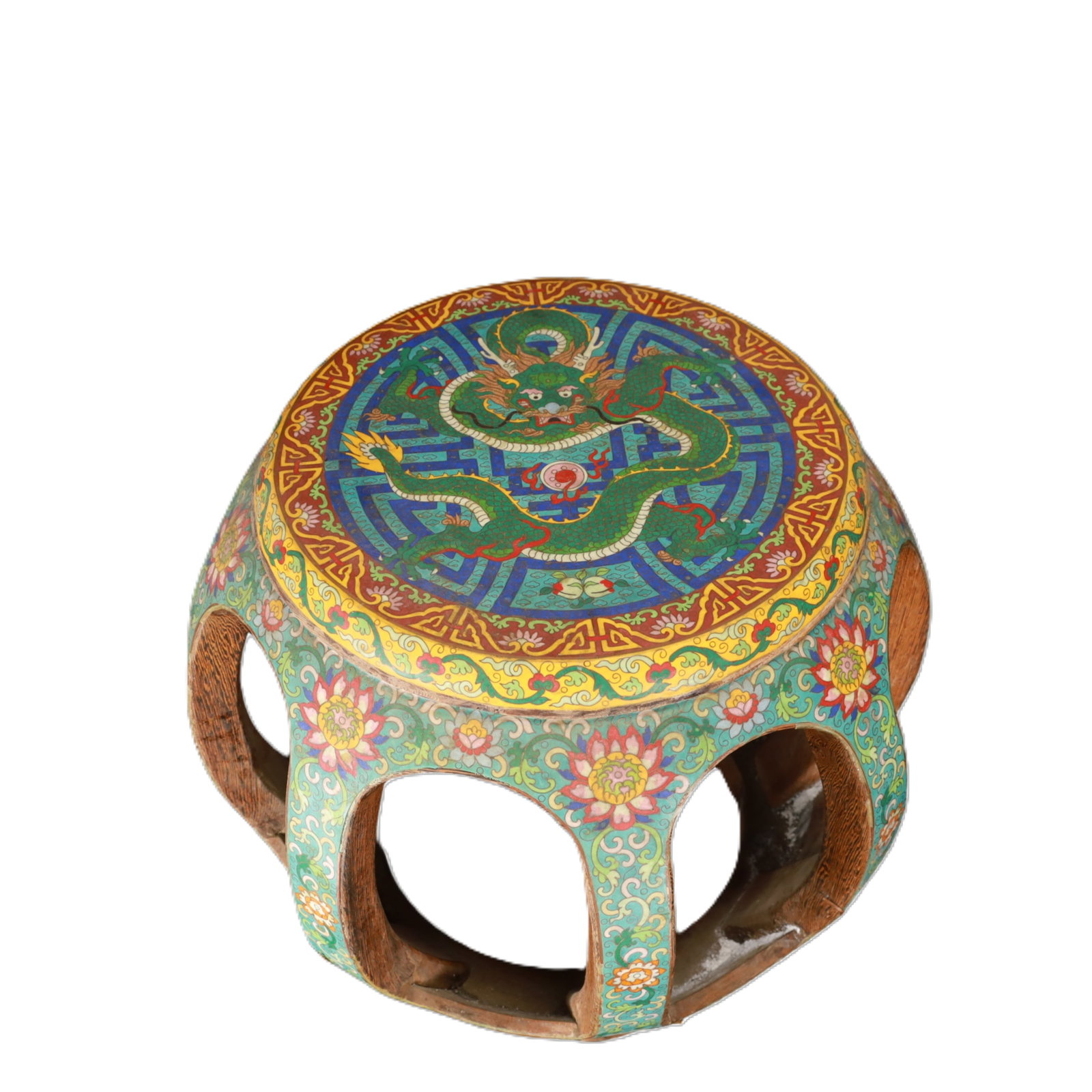 An Exquisite Wooden Cloisonne Lotus and Dragon Pattern Stool (1 of 8)