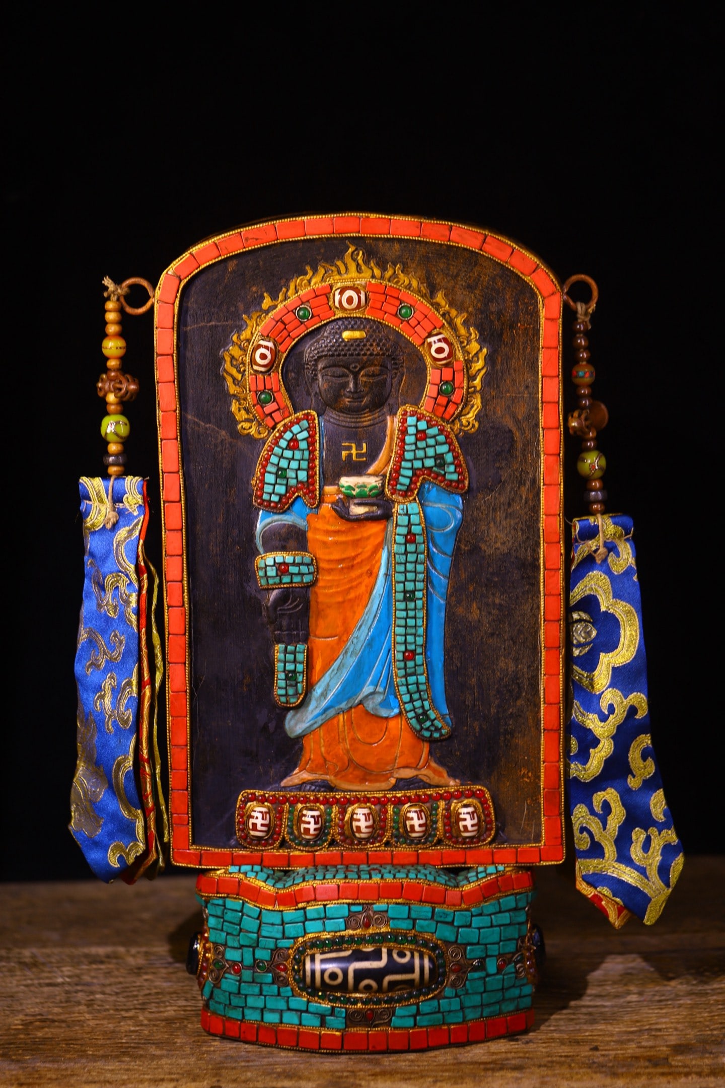 A Rare Meteorite Inlaid Dzi Bead and Turquoise Statue of Sakyamuni (1 of 9)