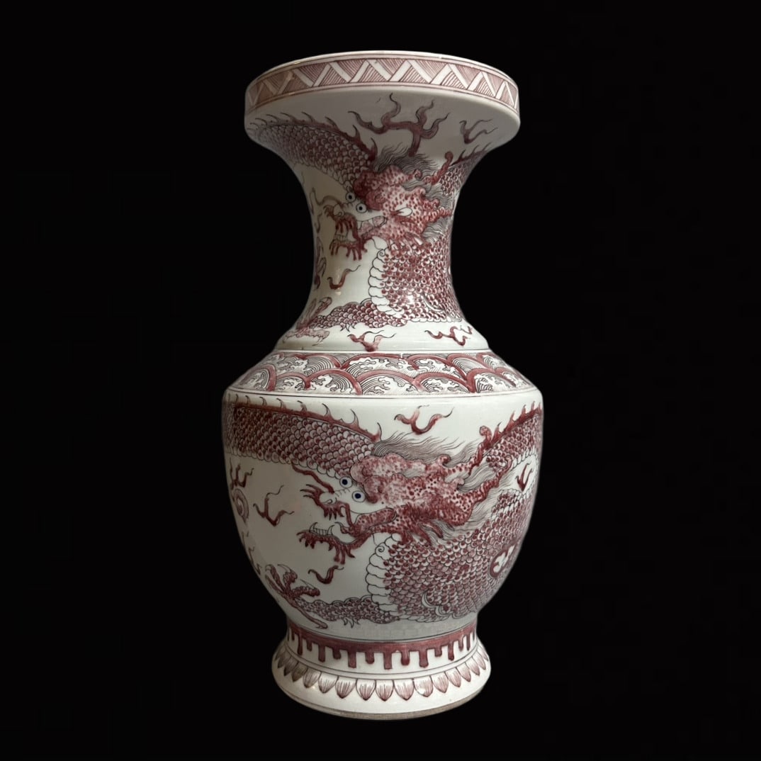An Exquisite Underglaze-Red Auspicious Cloud and Dragon Pattern Vase: An Exquisite Underglaze-Red Auspicious Cloud and Dragon Pattern Vase,Qing Dynasty,China,Kangxi Four-character Mark,Size:5.9inx13.2in