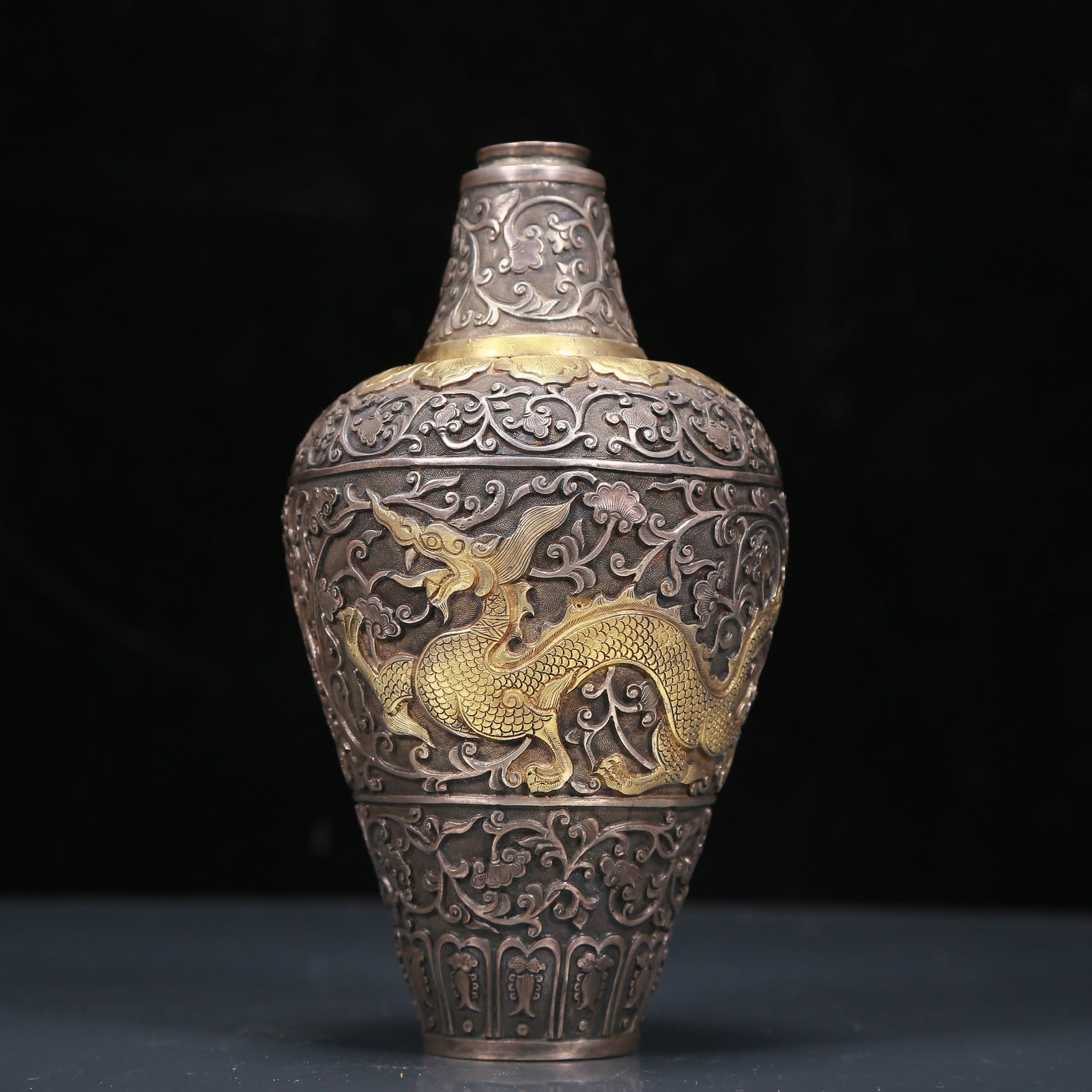 An Exquisite Silver-Gilt Bronze Lotus and Dragon Pattern Bottle (1 of 6)