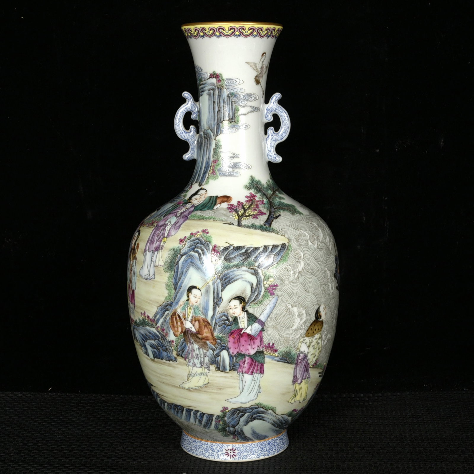A Rare Enamel Painted Gold Character and Story Pattern Double-Ears Vase: A Rare Enamel Painted Gold Character and Story Pattern Double-Ears Vase,Qing Dynasty,China,Qianlong Six-character Mark,Size:13.2inx7.1in 