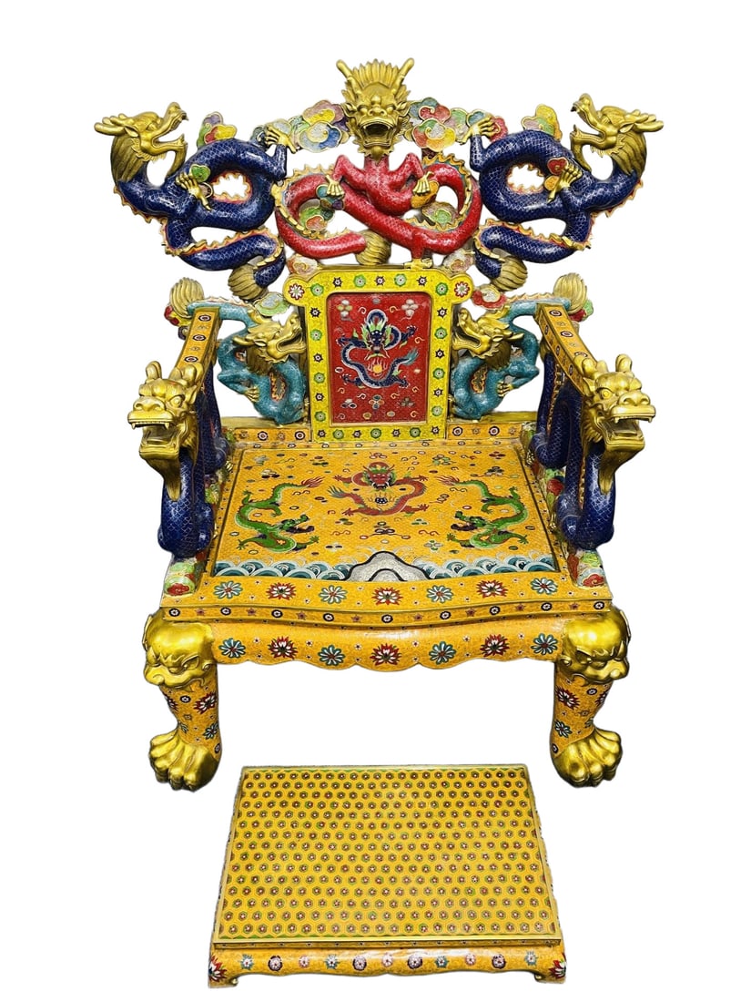 An Exquisite Gilt Bronze Cloisonne Seawater and Dragon Pattern Chair Cover,with Foot stool (1 of 19)